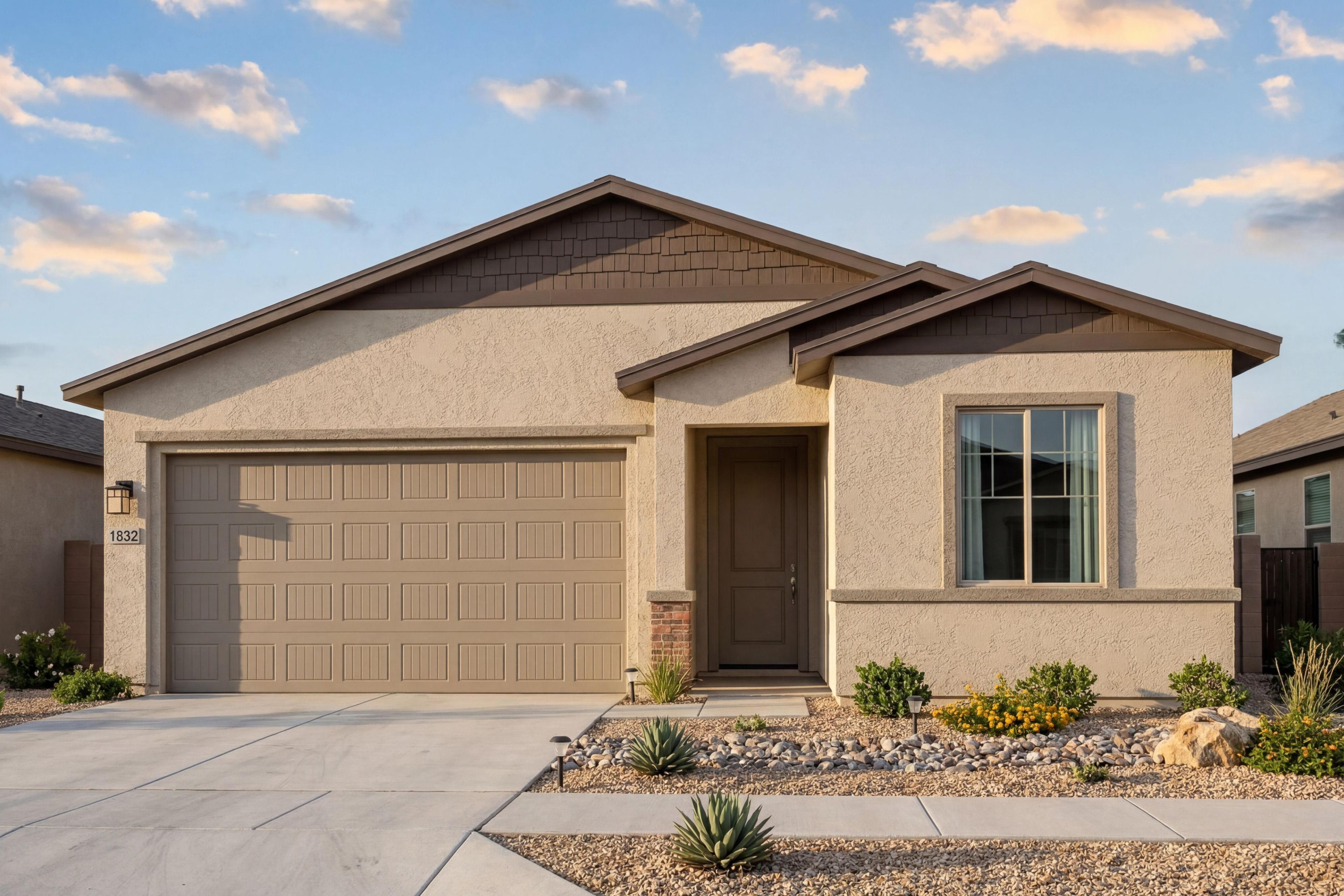 The Frontier A single-story home in Prescott Valley features a stucco exterior, shingle accents, and a 3-car garage.