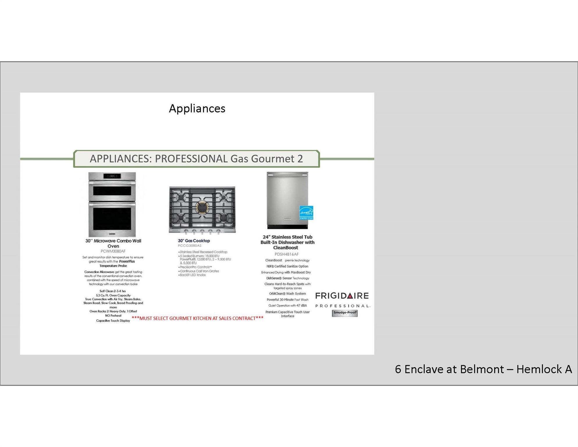 Stainless steel Frigidaire professional gas range, wall oven, and dishwasher in The Hemlock A kitchen, Enclave at Belmont, NC