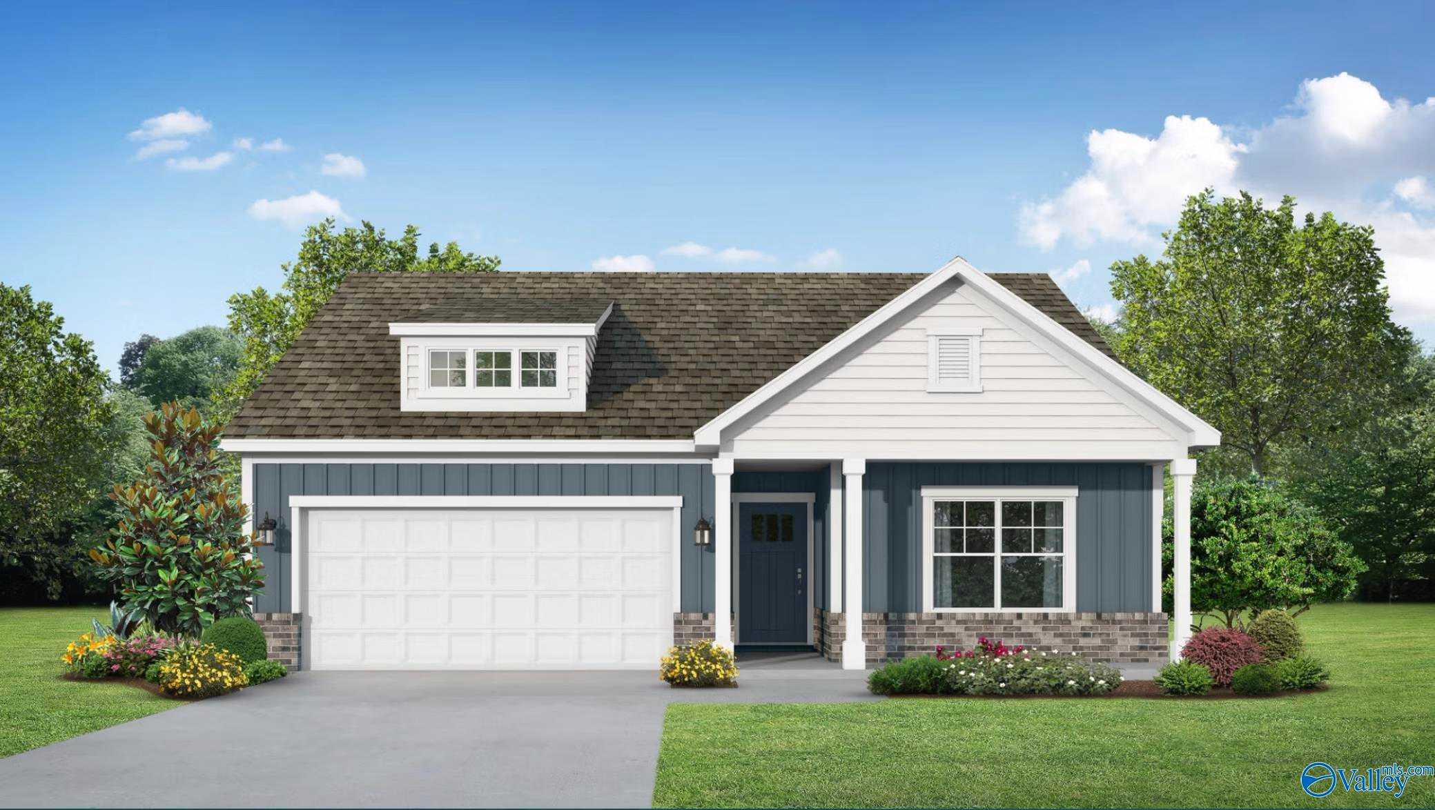 Charming single-story 3-bedroom home with blue siding, 2-car garage, dormer window, and landscaped yard in Forest Glen, Hazel Green, Alabama by Davidson Homes The Franklin E