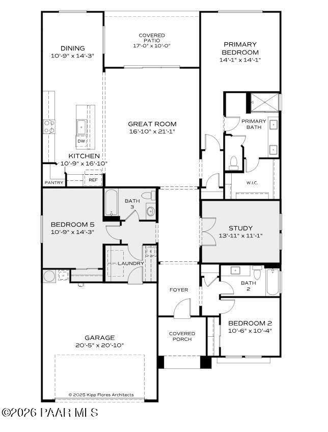 Floor plan for The Sheridan II F: 3-bed, 3-bath, 2,145 sq ft Davidson Homes layout with open kitchen, great room, primary suite, study, 2-car garage in Prescott, Arizona