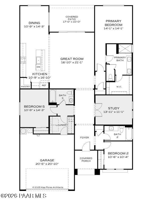 Floor plan for The Sheridan II F: 3-bed, 3-bath, 2,145 sq ft Davidson Homes layout with open kitchen, great room, primary suite, study, 2-car garage in Prescott, Arizona