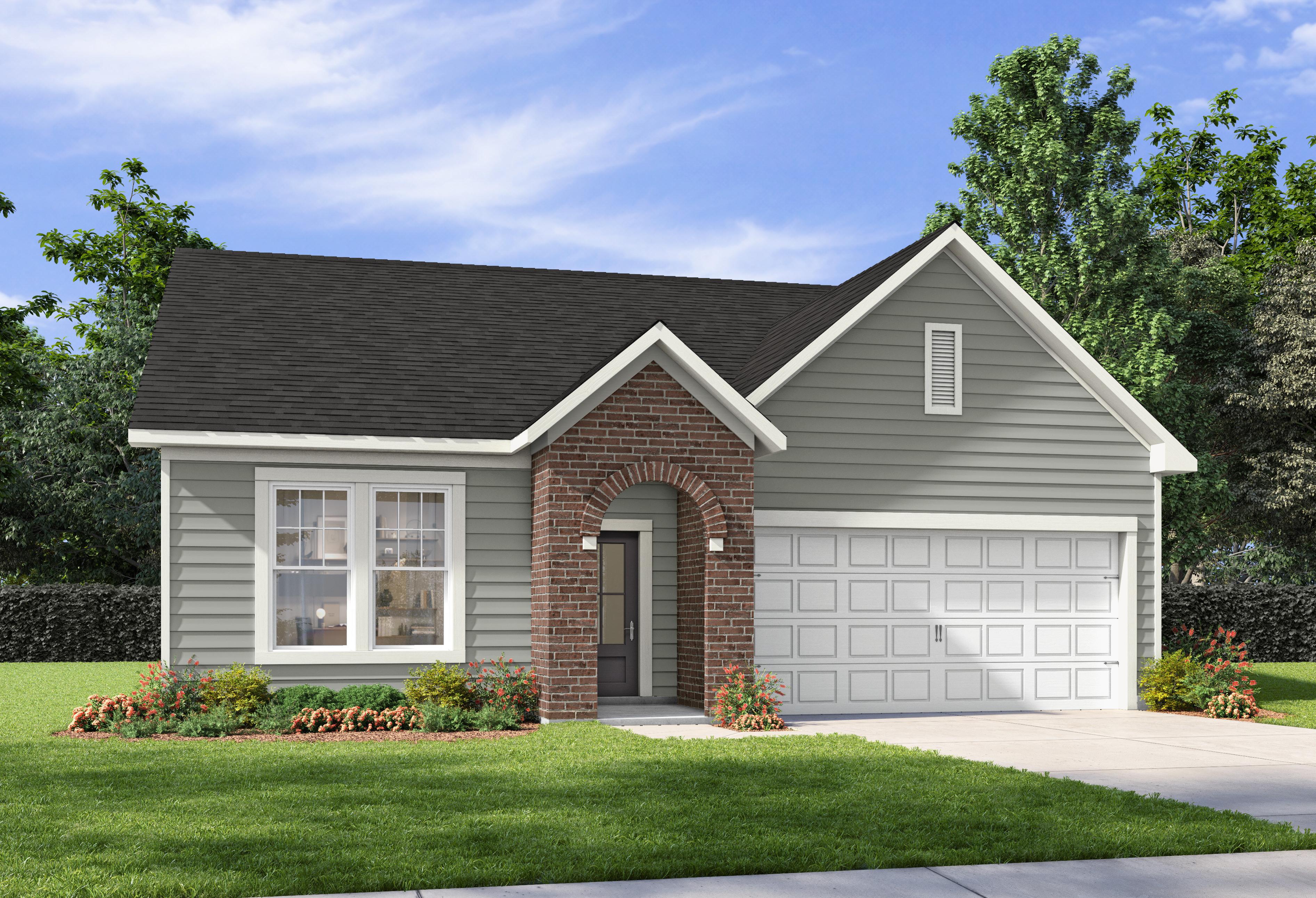 The Laurel C elevation by Davidson Homes featuring a brick-arch entryway, grey lap siding, and a 2-car garage.