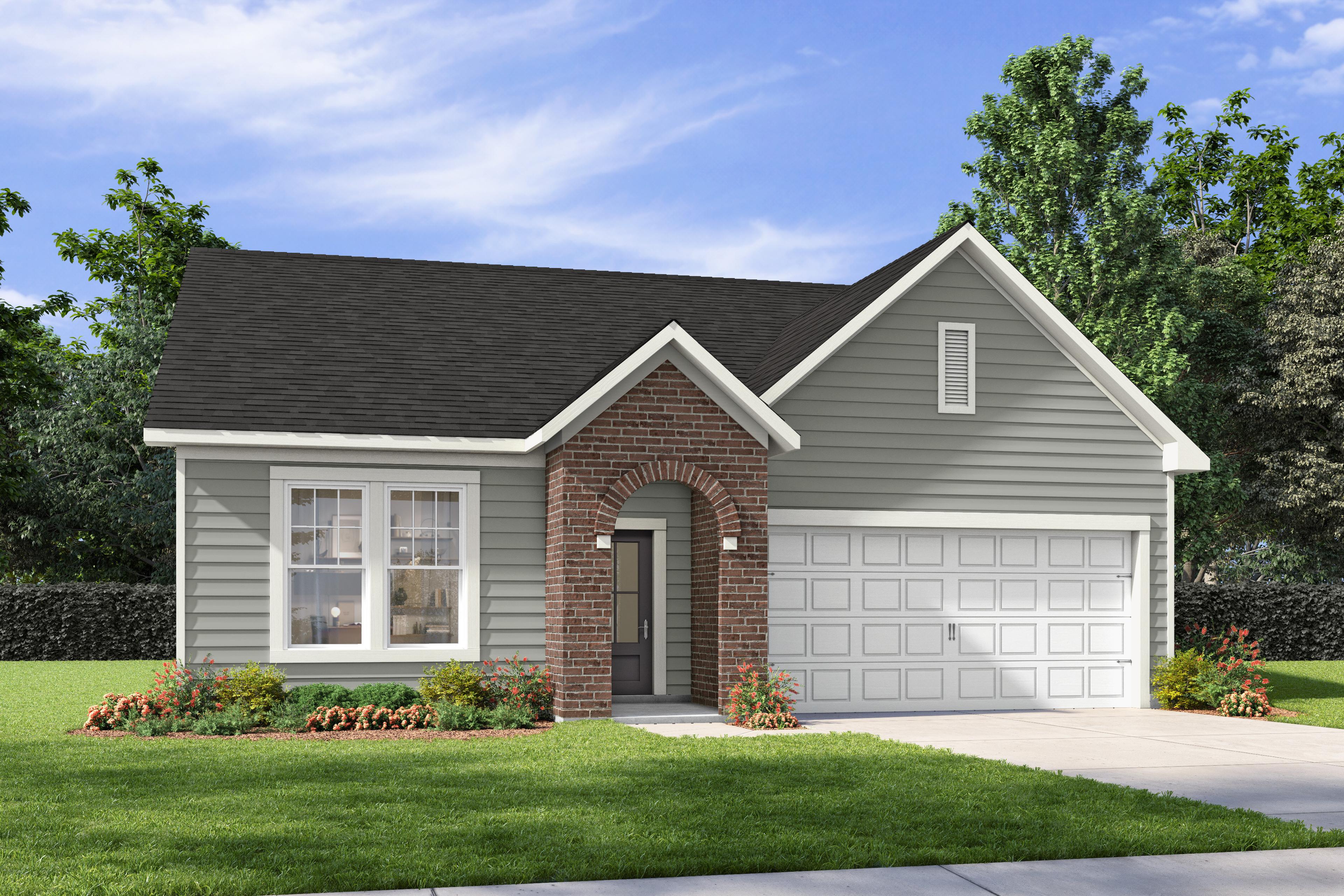 The Laurel C elevation by Davidson Homes featuring a brick-arch entryway, grey lap siding, and a 2-car garage.