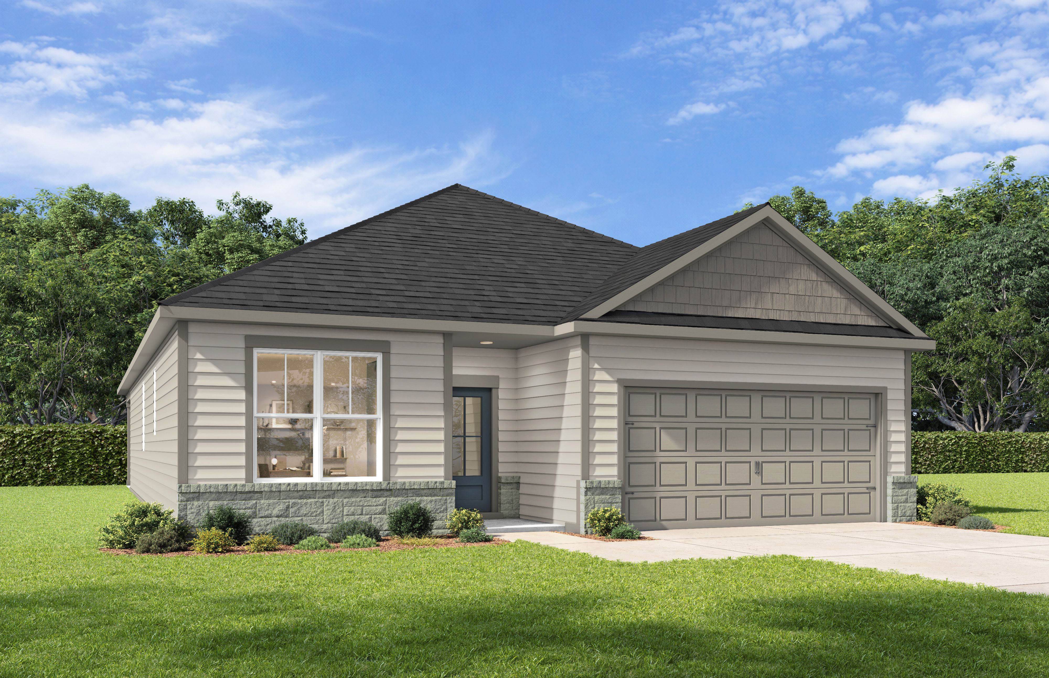 Modern one-story The Holly F home elevation with gray siding, brick base, gabled black roof, and 2-car garage in lush yard
