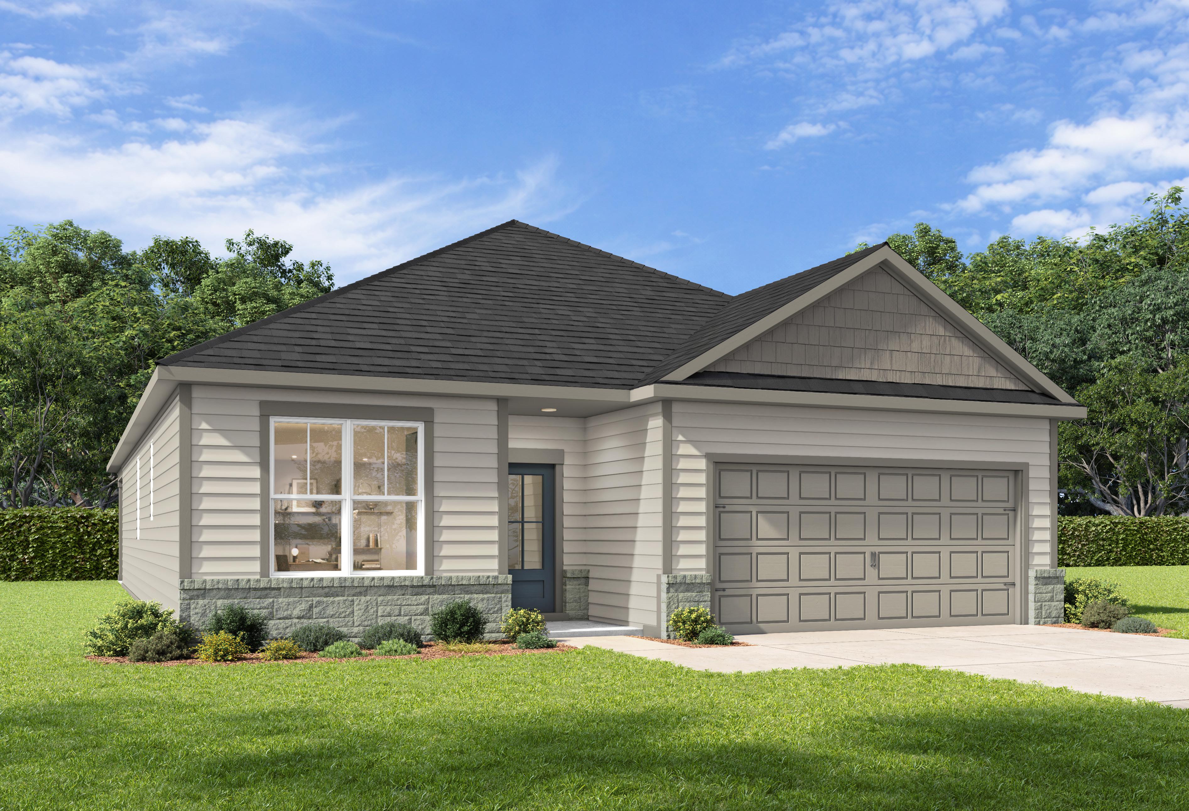 Modern one-story The Holly F home elevation with gray siding, brick base, gabled black roof, and 2-car garage in lush yard