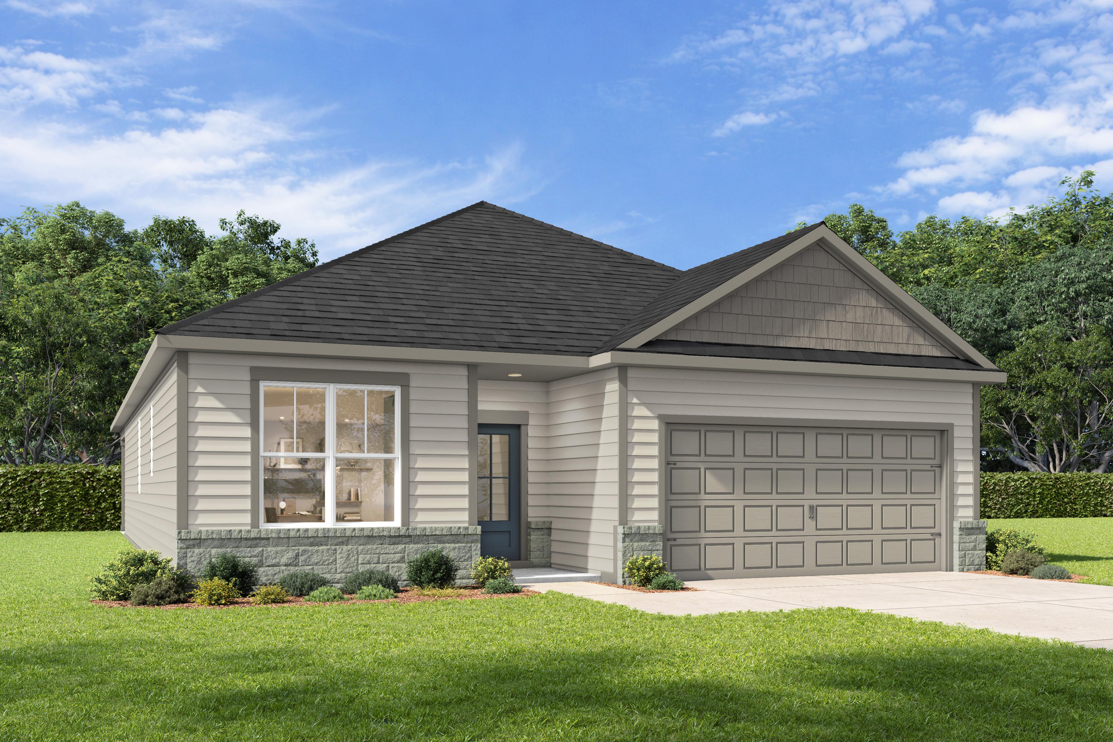 Modern one-story The Holly F home elevation with gray siding, brick base, gabled black roof, and 2-car garage in lush yard