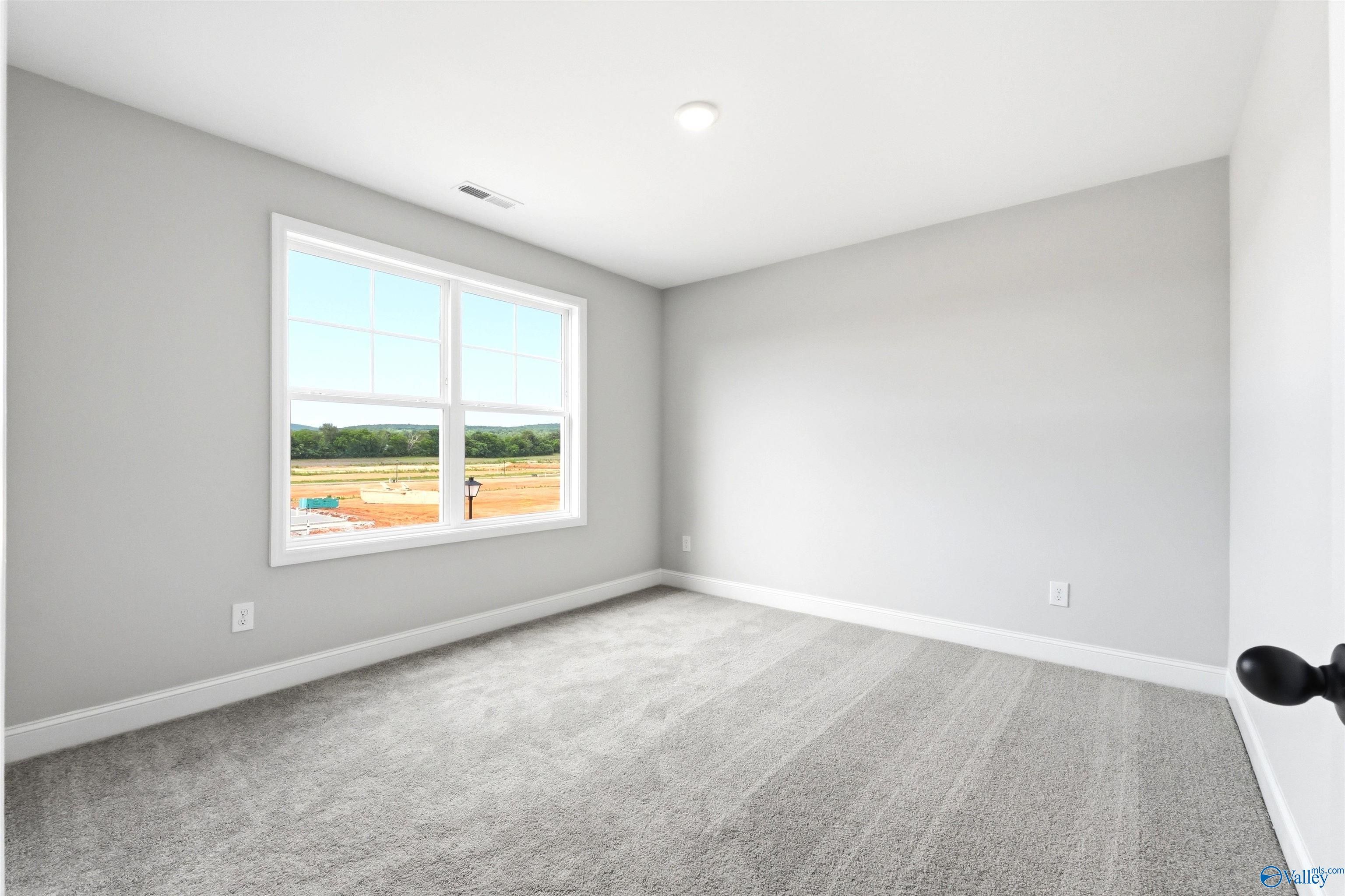 Bright, carpeted bedroom with large window in The Chelsea D floor plan by Davidson Homes in Berry Cove, New Market, AL.
