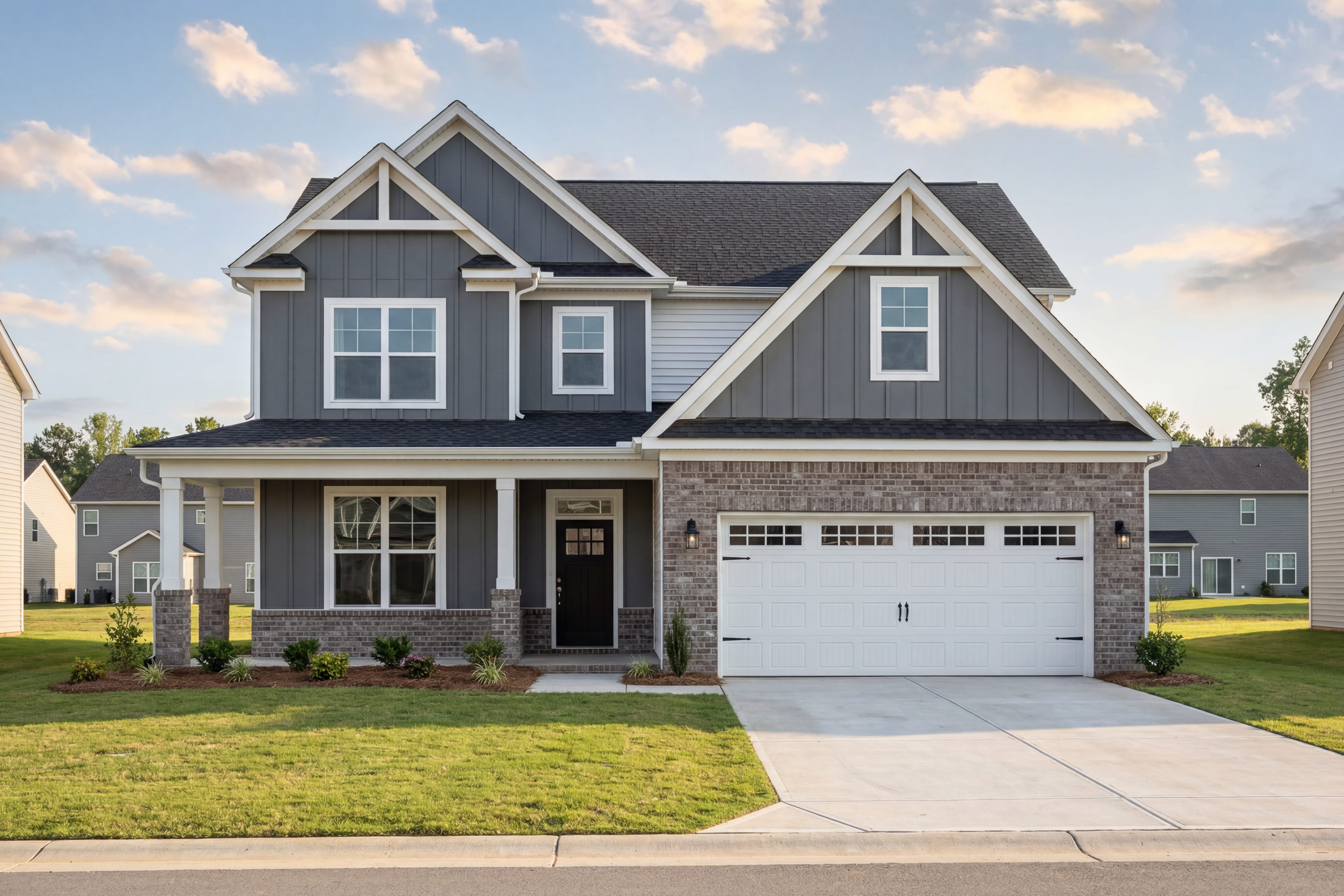 Modern two-story The Ash E elevation featuring gray board-and-batten siding, gabled roof, front porch, and two-car garage in Angier NC