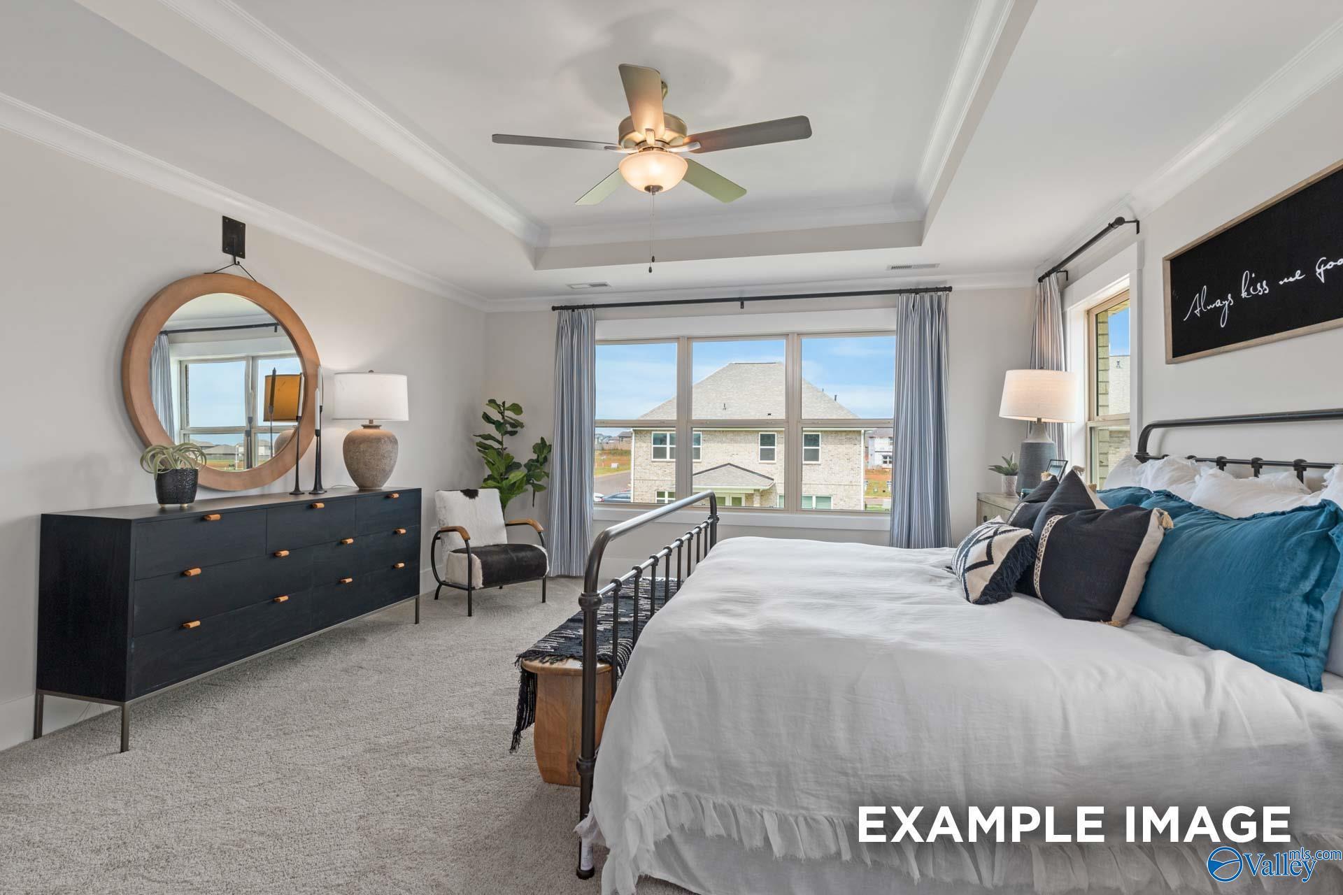 Bright primary bedroom with tray ceiling, metal bed, and large windows in Davidson Homes The Chelsea A, Ivy Hills, Toney, Alabama