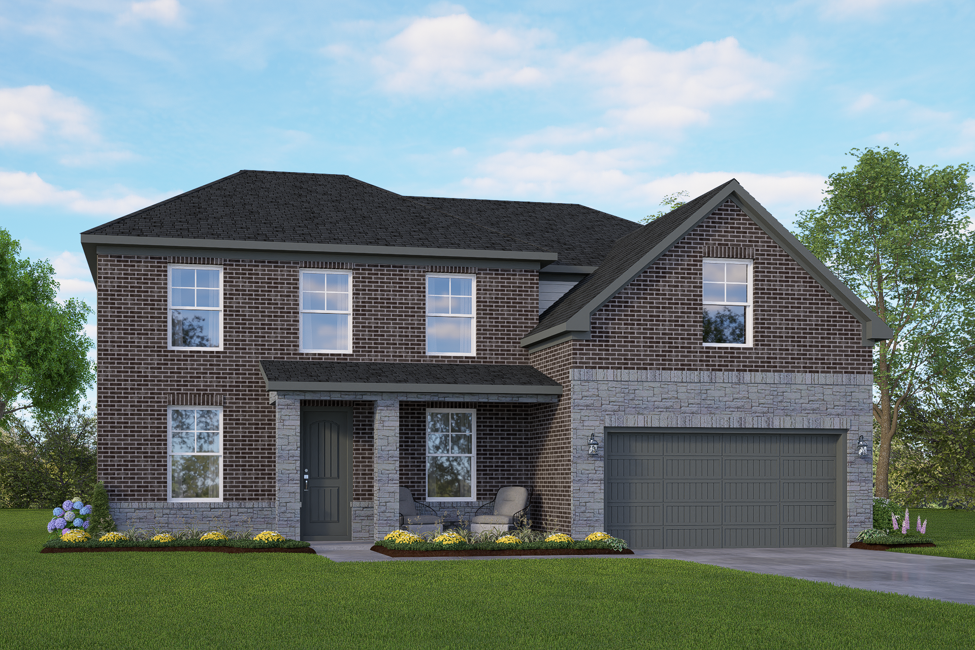 Two-story brick exterior of The Danbury I home design by Davidson Homes in San Antonio, featuring covered porch, two-car garage, and landscaped yard
