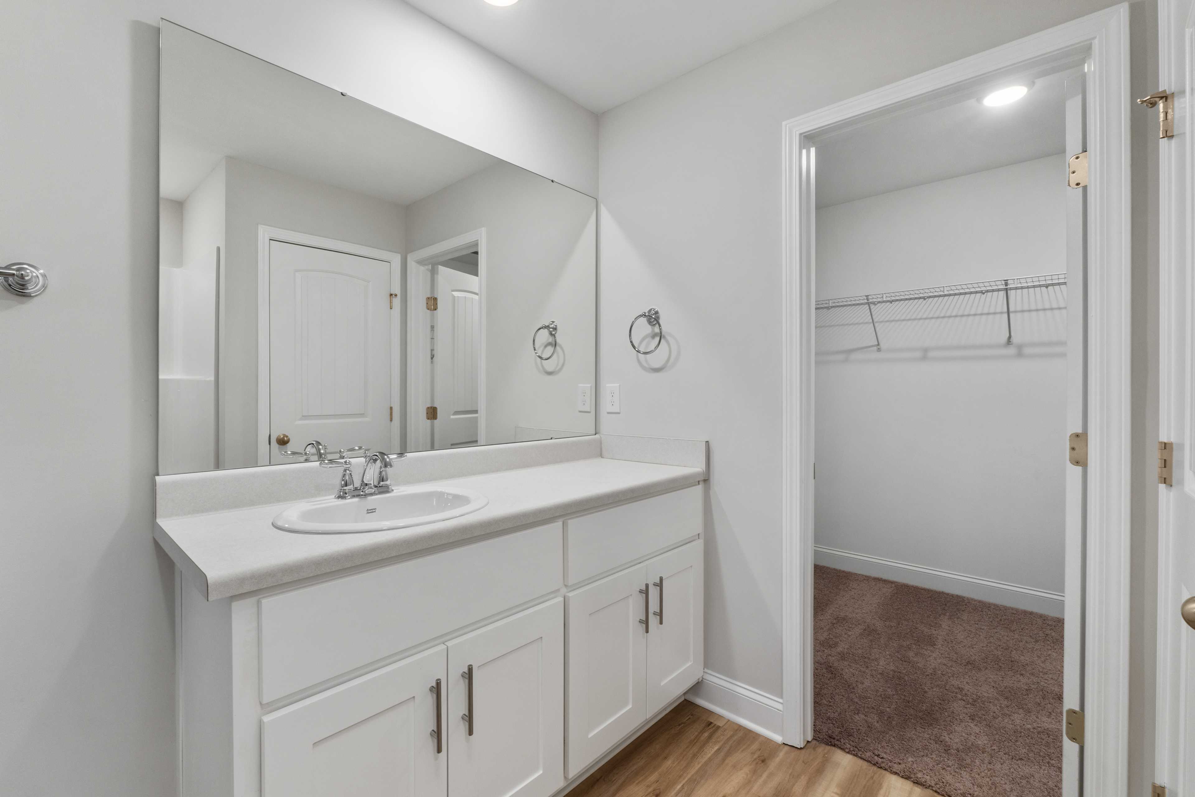 Modern primary bathroom with white vanity sink, large mirror, and walk-in closet at Collins Lane in Meridianville, Alabama