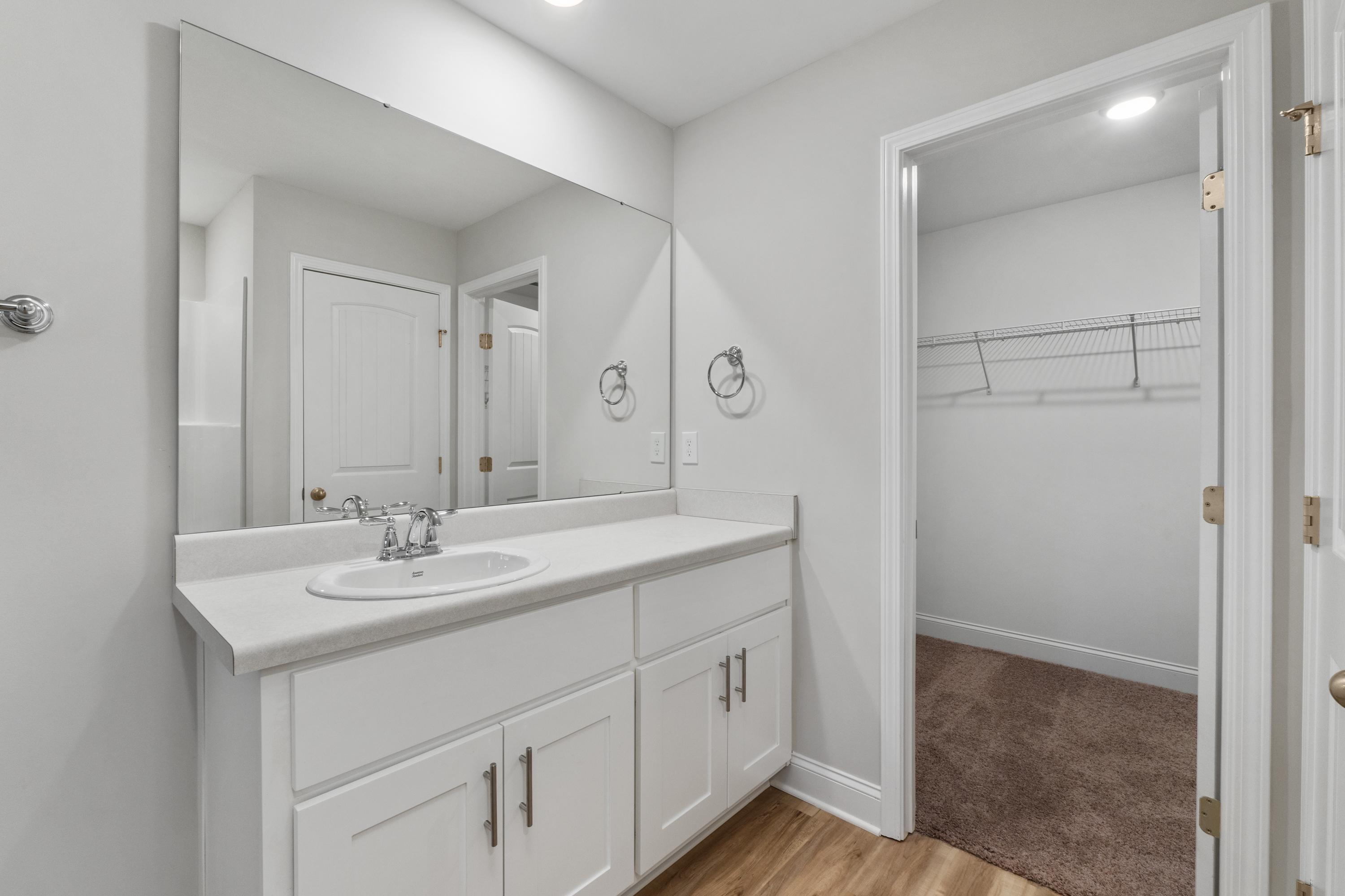 Modern primary bathroom with white vanity sink, large mirror, and walk-in closet at Collins Lane in Meridianville, Alabama