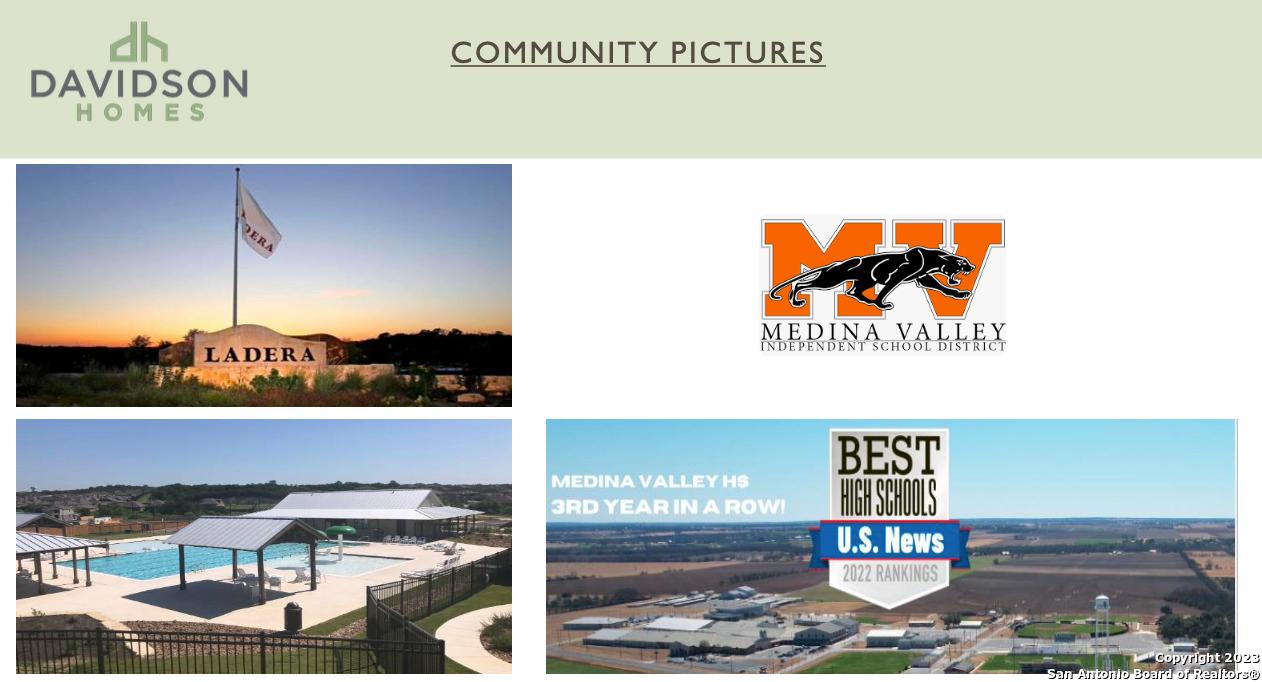 Ladera community collage by Davidson Homes: sunset entrance sign, Medina Valley ISD logo, pool cabana, top-ranked high school in San Antonio, Texas