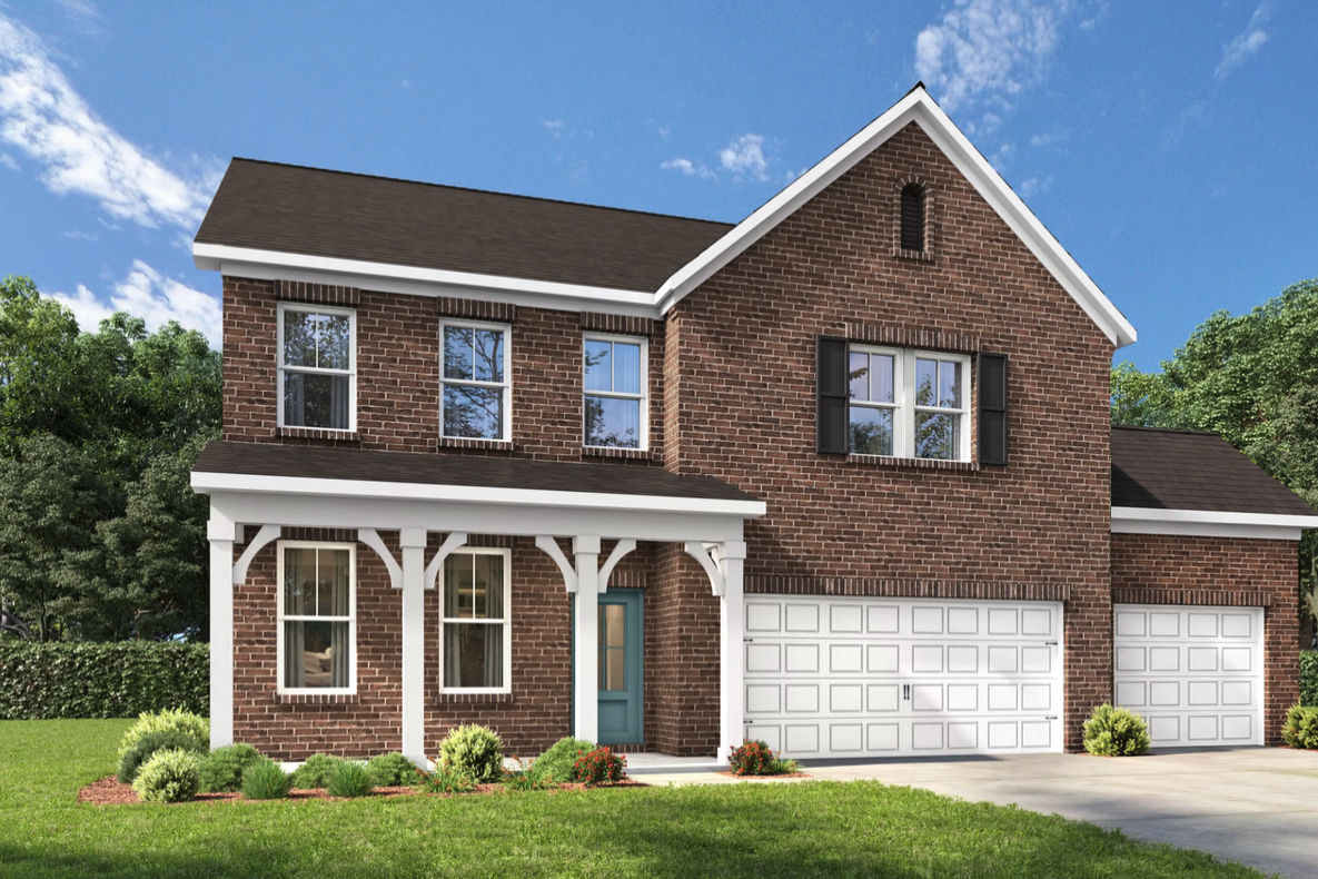 Two-story Beech F home design by Davidson Homes featuring a classic brick exterior and a spacious two-car garage.