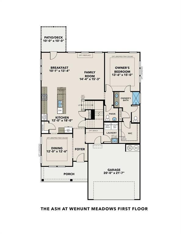 Detailed first floor plan of The Ash C at Wehunt Meadows: open kitchen, family room, owner's suite, dining, 3-car garage in Hoschton, GA