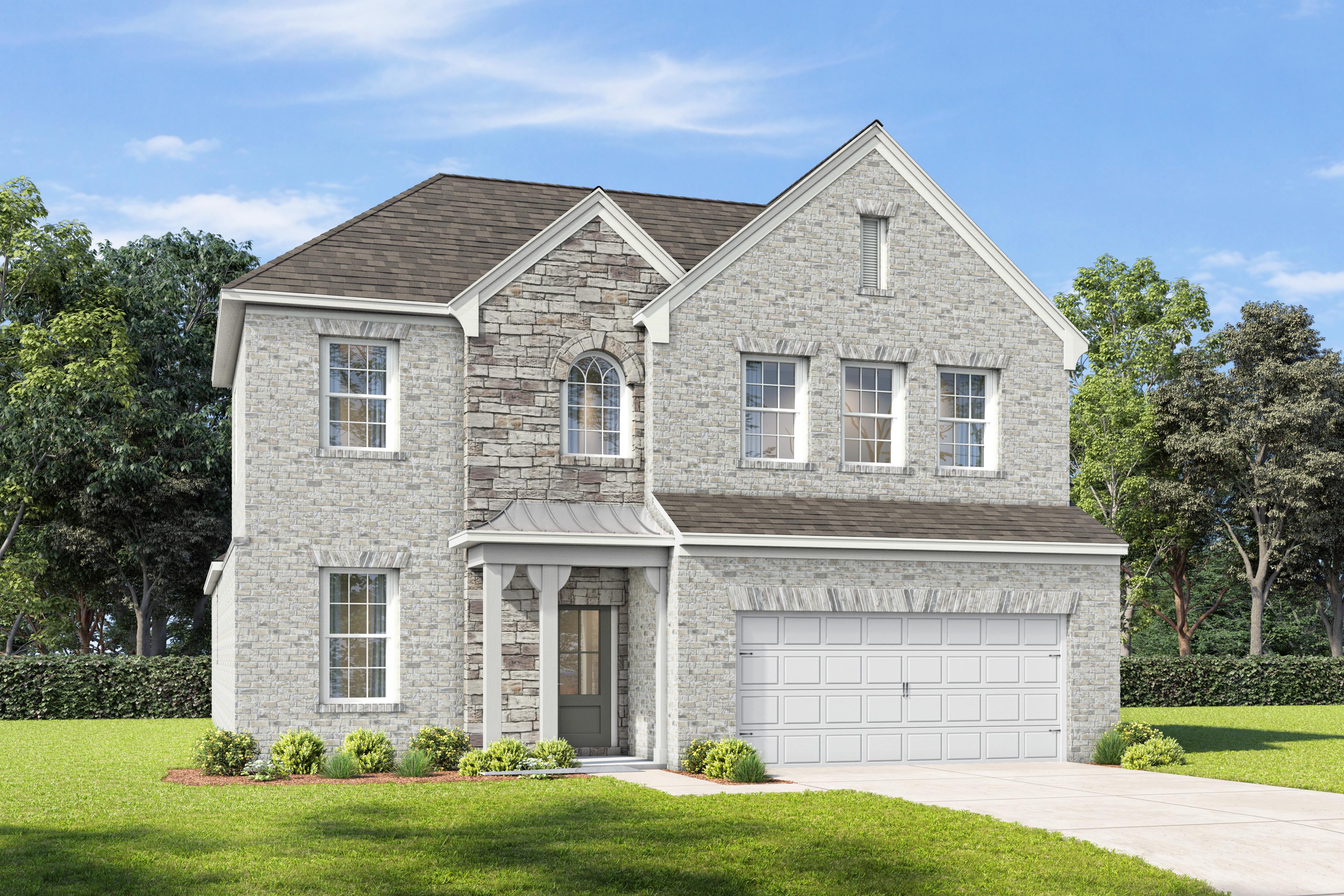 Craftsman-style exterior of The Ashport home design by Davidson Homes featuring stone accents and a spacious 2-car garage.