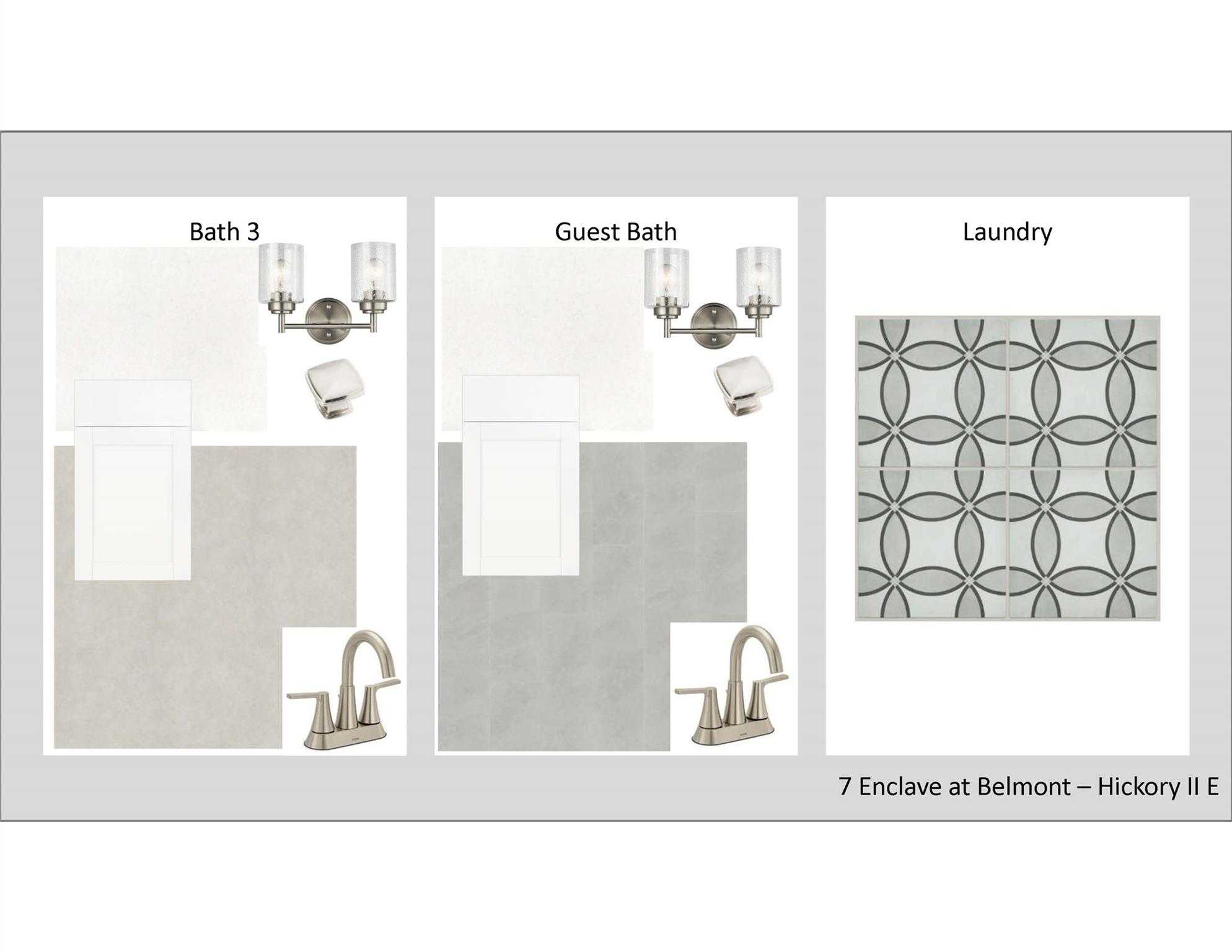 Modern Bath 3 and guest bath vanities with faucets, sconces, plus geometric tile laundry in Hickory E II, Enclave at Belmont, NC