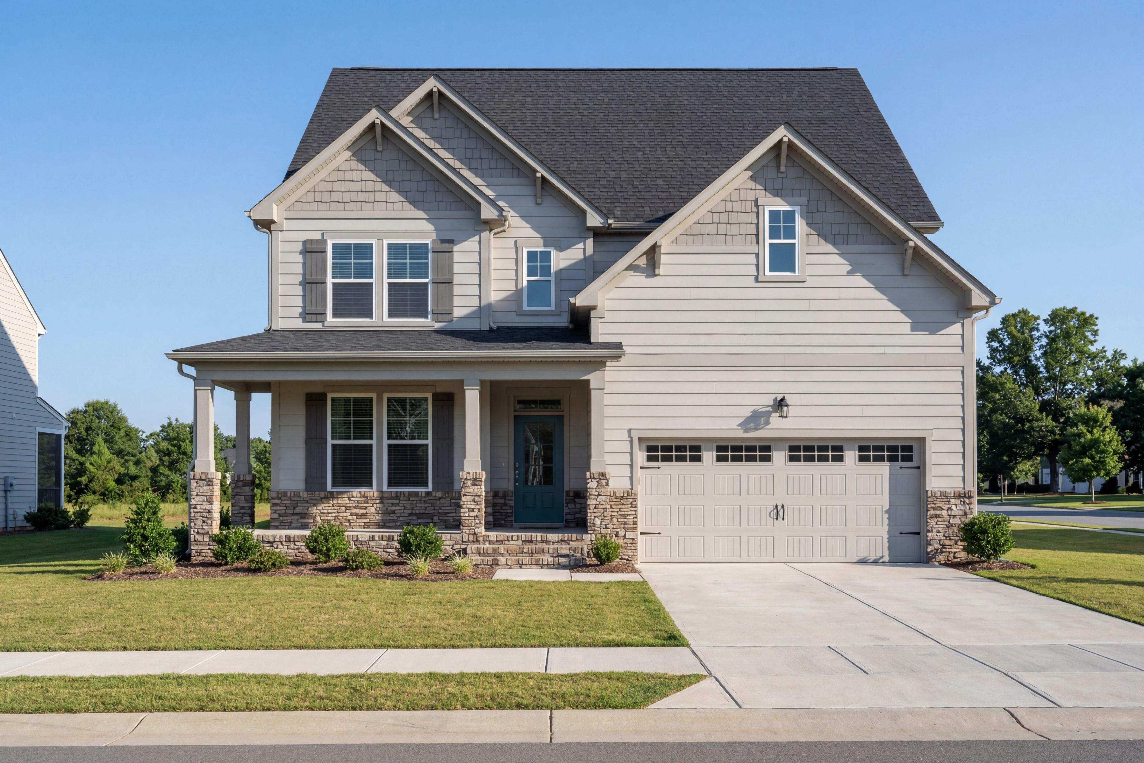 Two-story The Hickory II home with stone and vinyl exterior, covered porch, 2-car garage, and manicured lawn in Holly Springs NC
