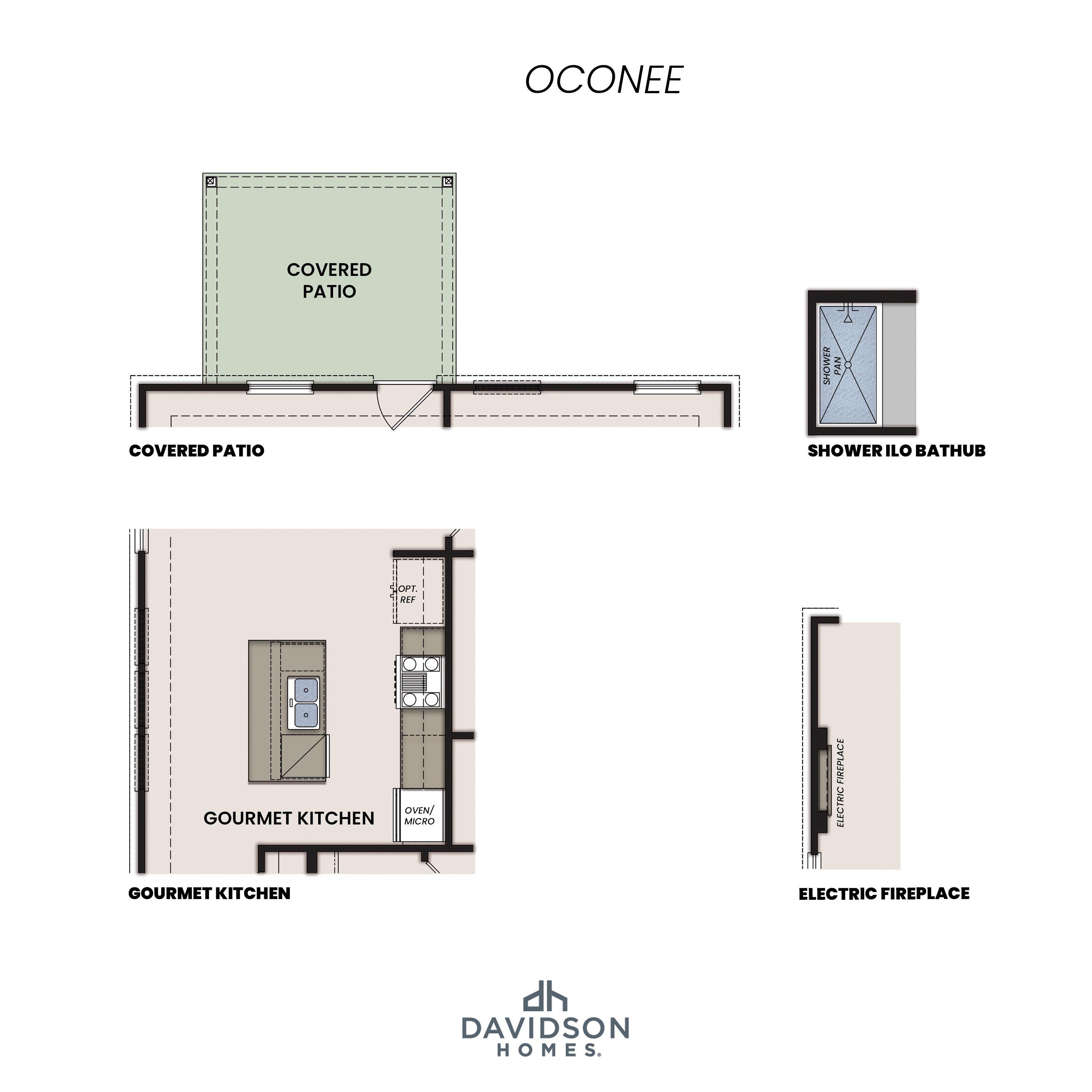 Gourmet kitchen floor plan in The Oconee A with island, covered patio, shower tub, and electric fireplace by Davidson Homes