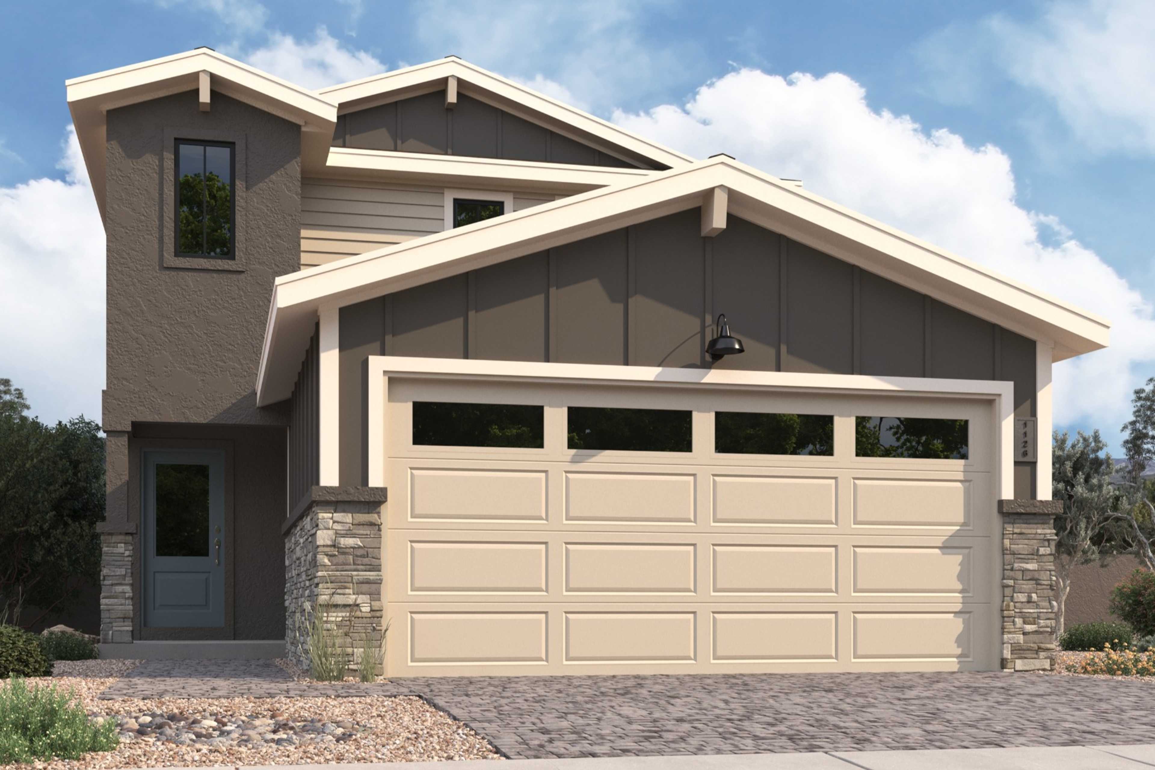 Modern two-story The Raleigh B home exterior with stone accents, siding, two-car garage, and desert landscaping in Prescott Arizona