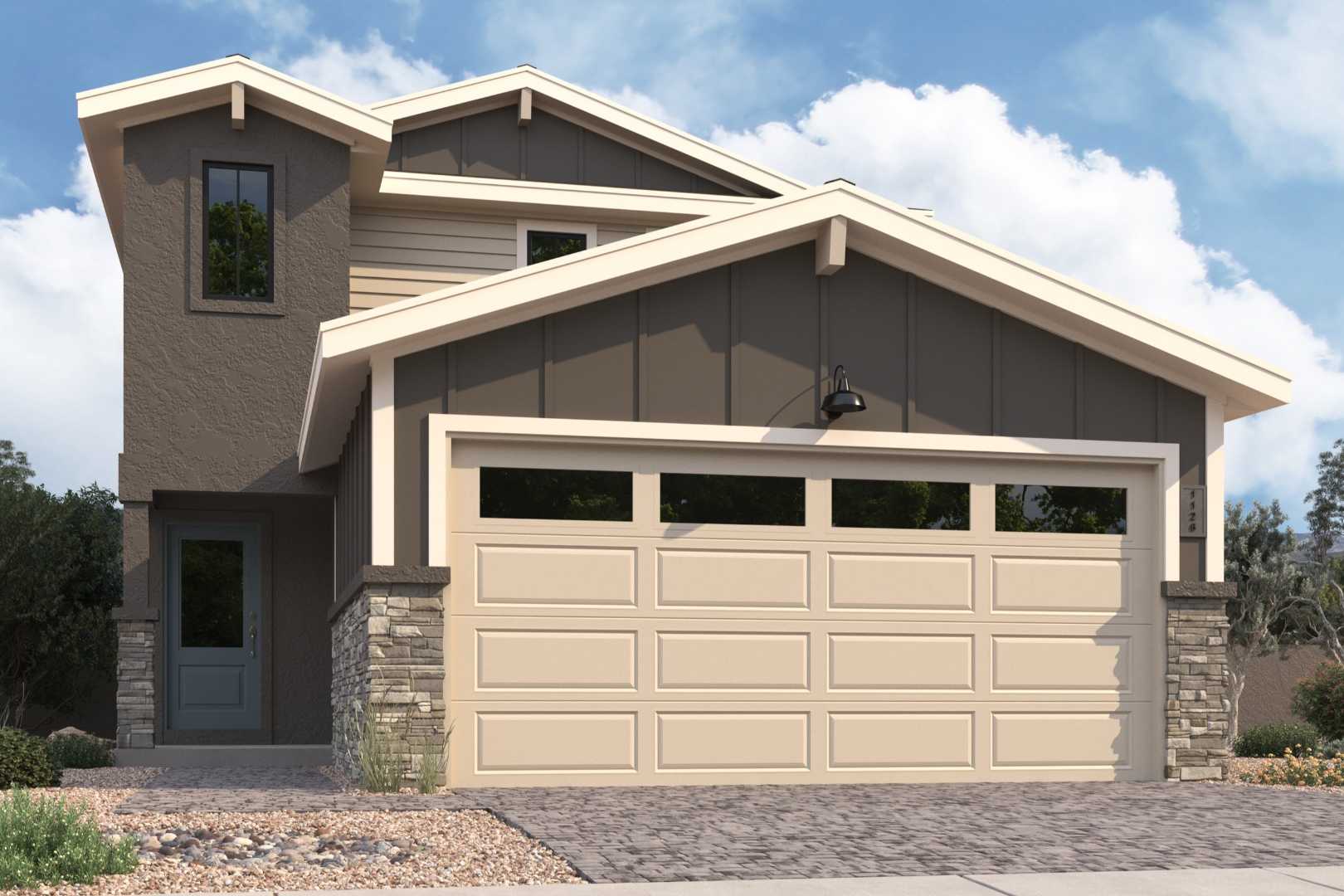 Modern two-story The Raleigh B home exterior with stone accents, siding, two-car garage, and desert landscaping in Prescott Arizona