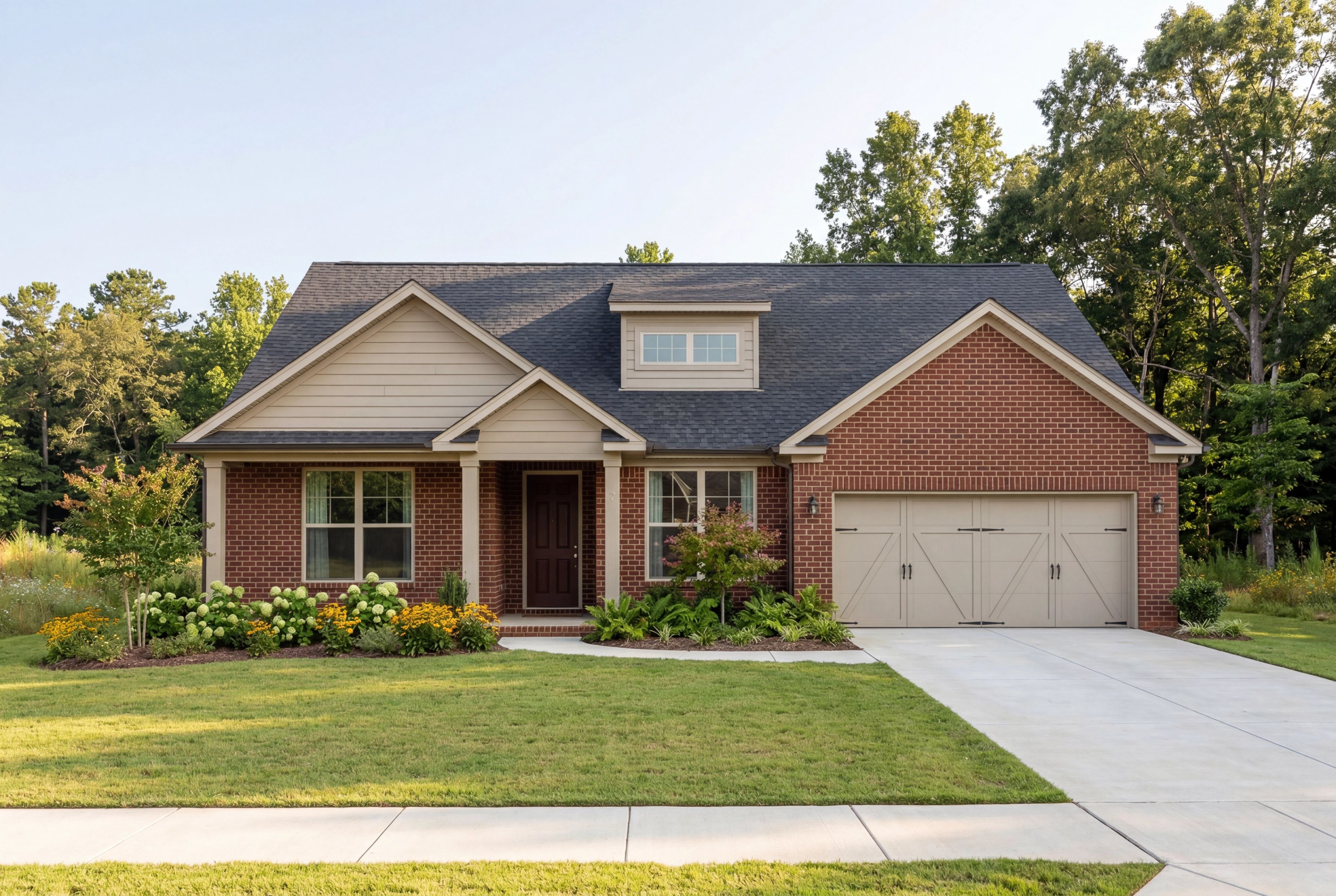 The Harrison by Davidson Homes in Cullman, Alabama, featuring a 1-story brick exterior and 2-car garage design.