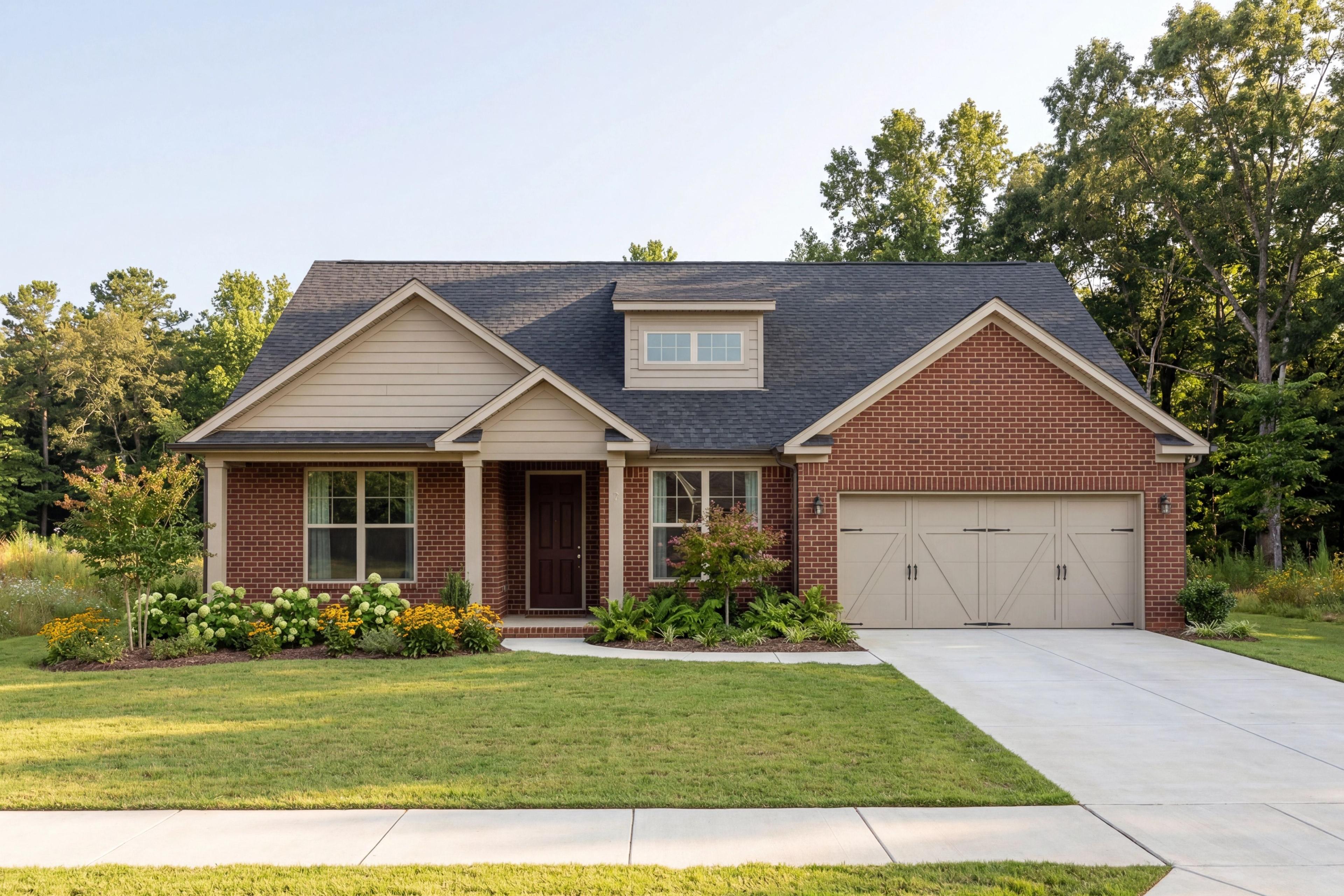 The Harrison by Davidson Homes in Cullman, Alabama, featuring a 1-story brick exterior and 2-car garage design.