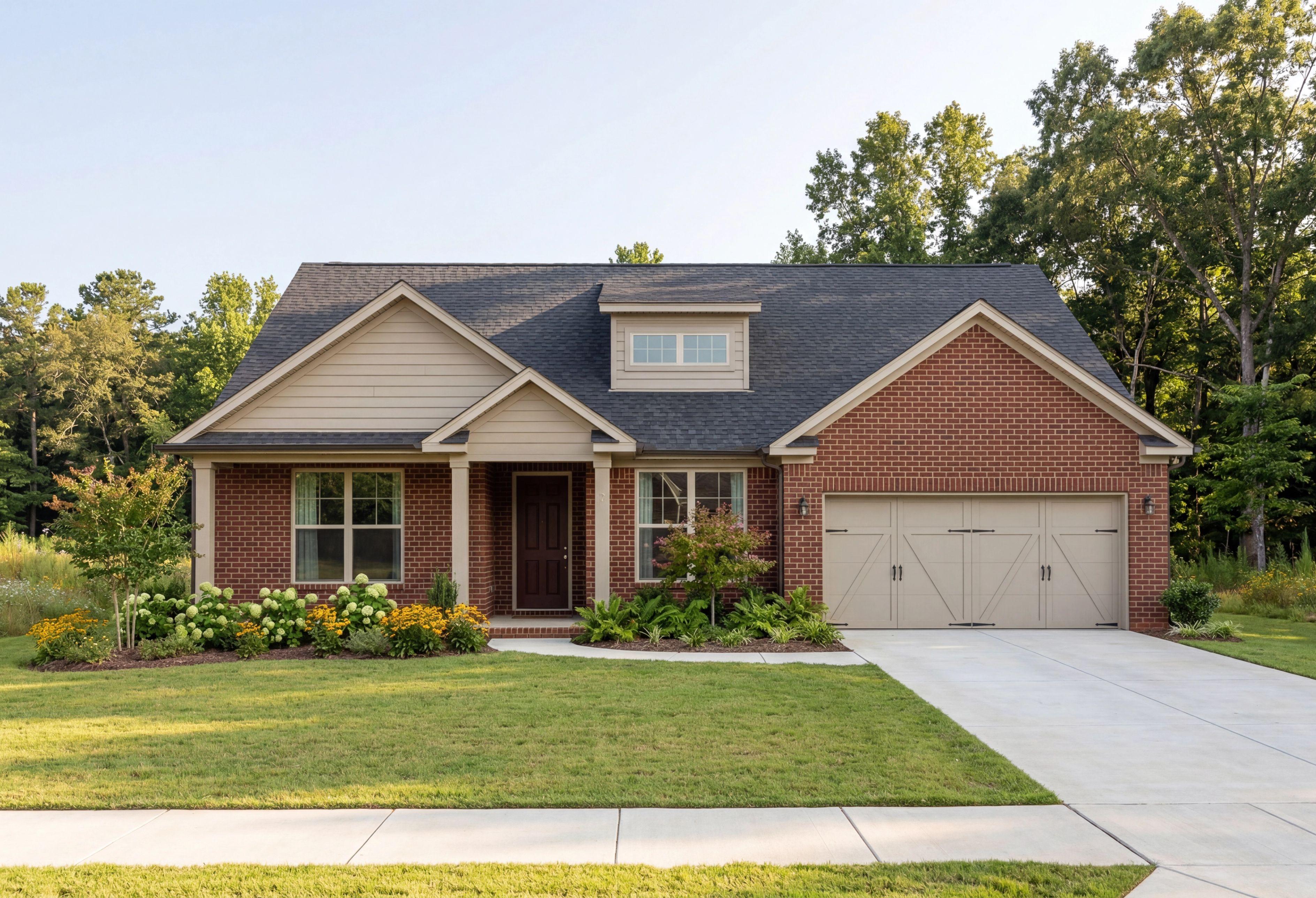 The Harrison by Davidson Homes in Cullman, Alabama, featuring a 1-story brick exterior and 2-car garage design.