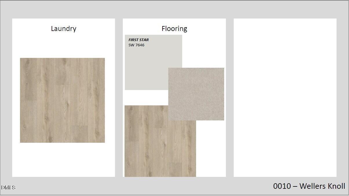 The Carter C floor plan diagram with LVP 1764 gray flooring sample, wood options in laundry and first floor, Wellers Knoll, Lillington, NC