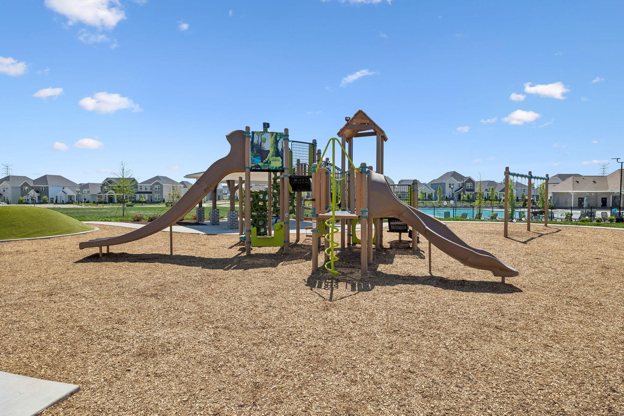 Community playground with slides and climbing structure at Bradshaw Farms in Mt. Juliet, TN by Davidson Homes.