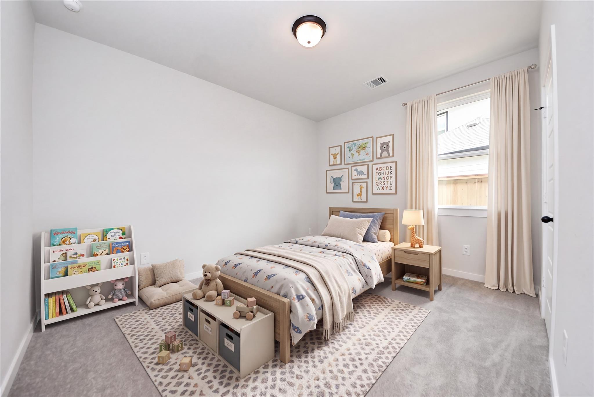 Bright nursery bedroom with wooden bed, bookshelf, and toy storage in Davidson Homes The Daphne F, Sundance Cove, Crosby, Texas