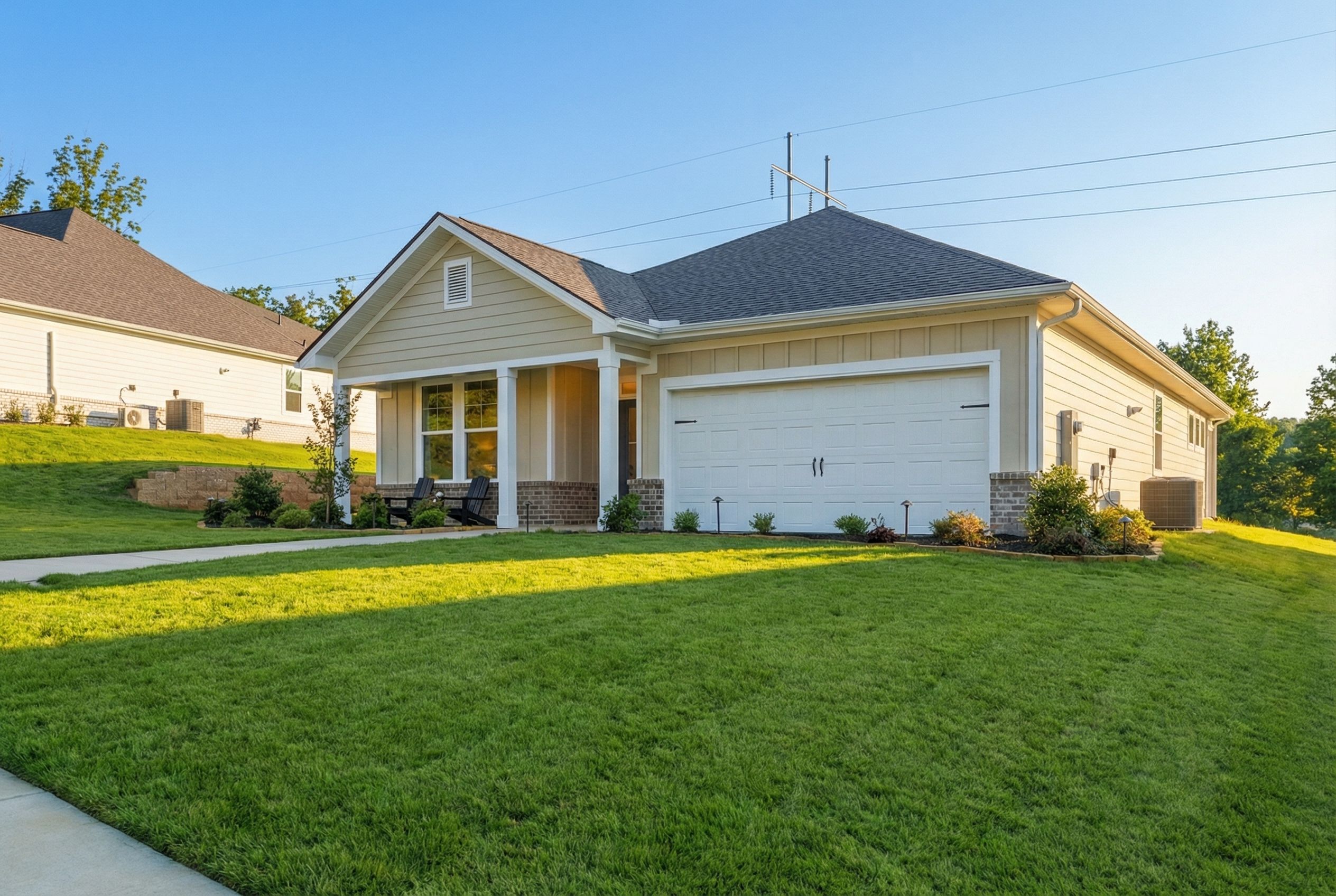 Single-story The Laurel K home elevation with beige siding, stone accents, covered porch, 2-car garage and lush lawn in Cullman AL
