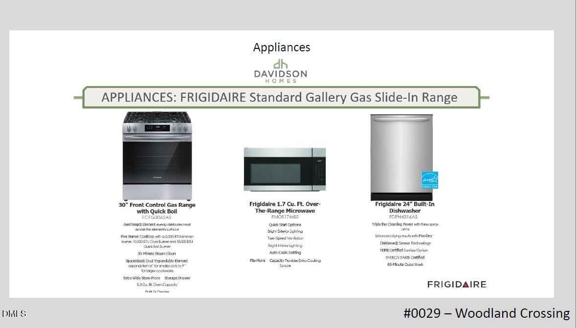 Frigidaire Gallery gas slide-in range, French door refrigerator, dishwasher, and microwave in Davidson Homes The Hickory II C, Woodland Crossing, Zebulon, NC