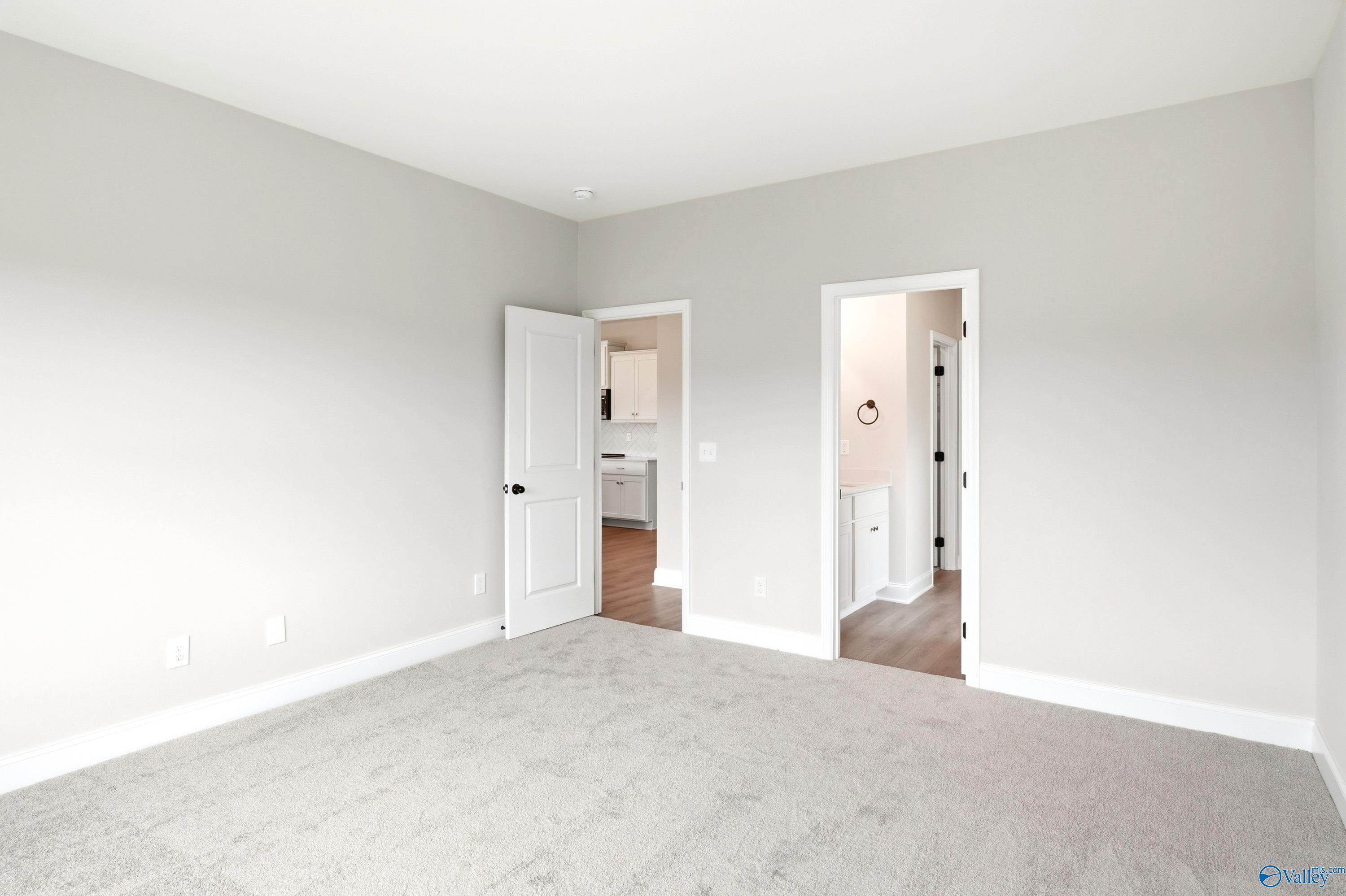 Spacious bedroom with plush carpet and doorways leading to the kitchen and bathroom in The Daphne floor plan, Meridianville.