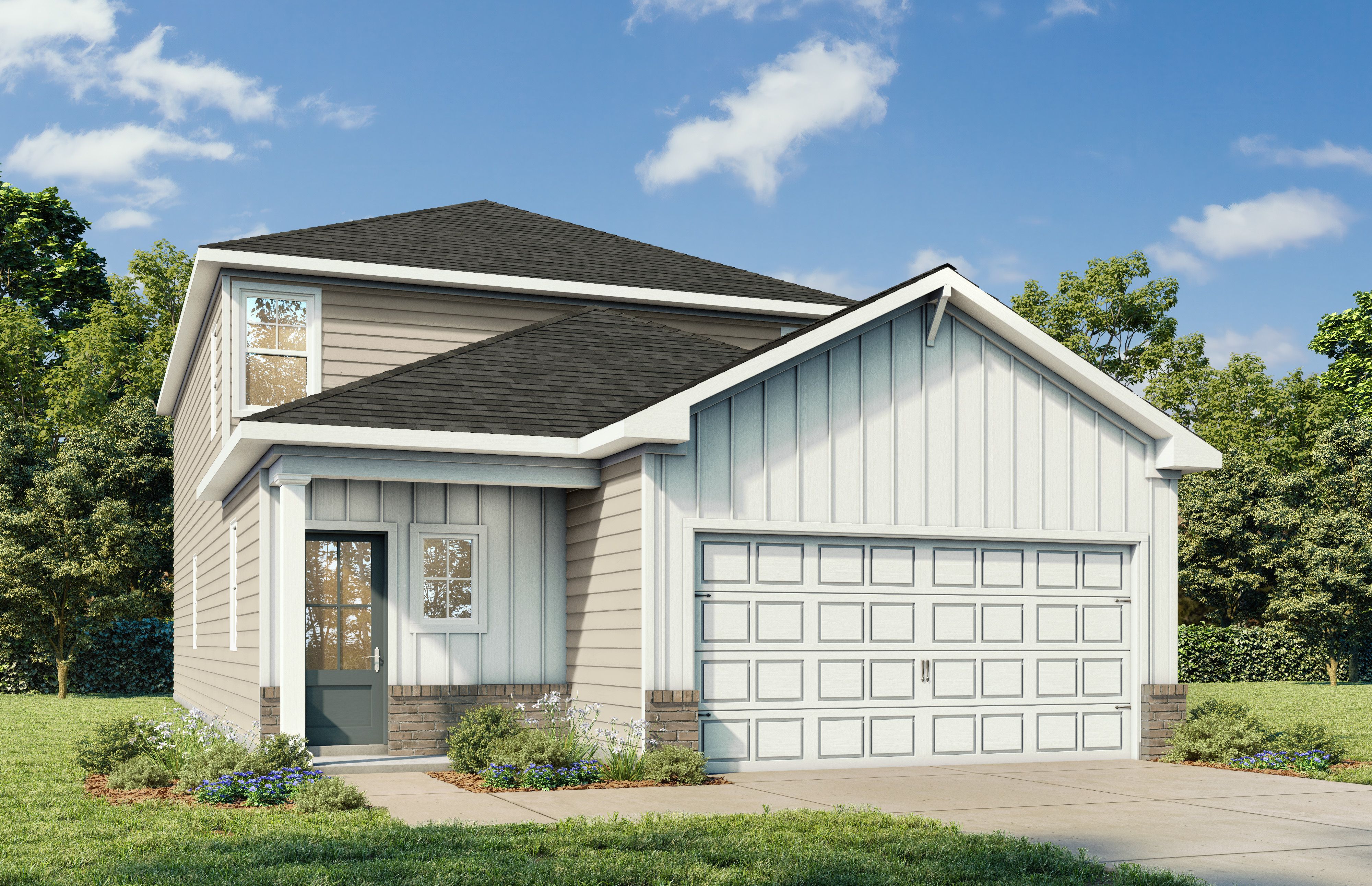 Two-story Pinecrest B elevation by Davidson Homes with brick accents, white siding, 2-car garage, and landscaped front porch in San Antonio