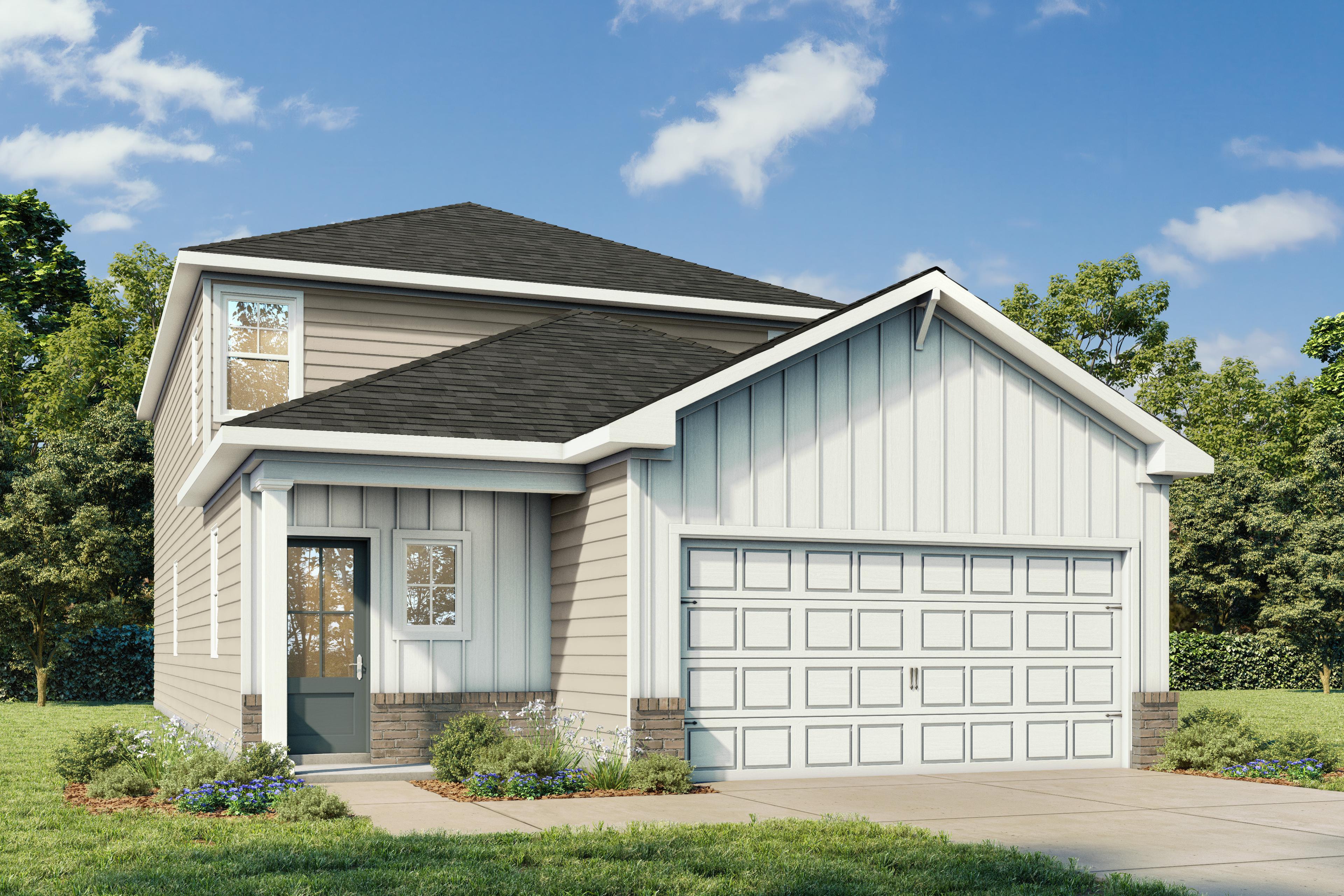 Two-story Pinecrest B elevation by Davidson Homes with brick accents, white siding, 2-car garage, and landscaped front porch in San Antonio