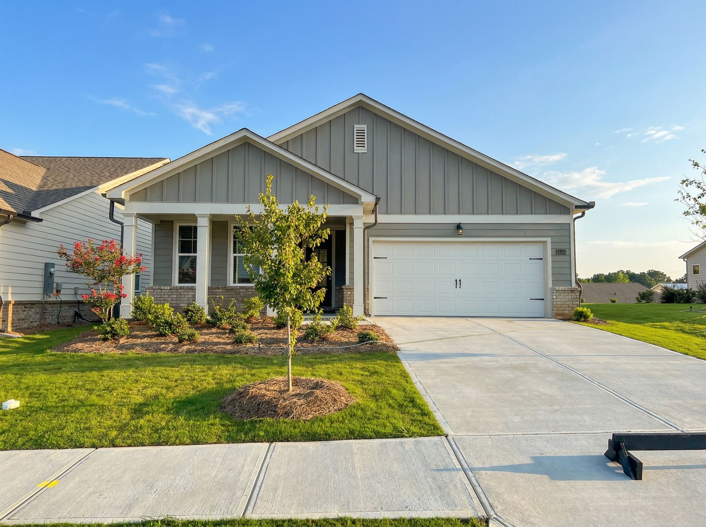 Modern gray-sided single-story home with 2-car garage, covered porch, and landscaped yard in Kelly Preserve, Loganville, GA - Davidson Homes The Edison B