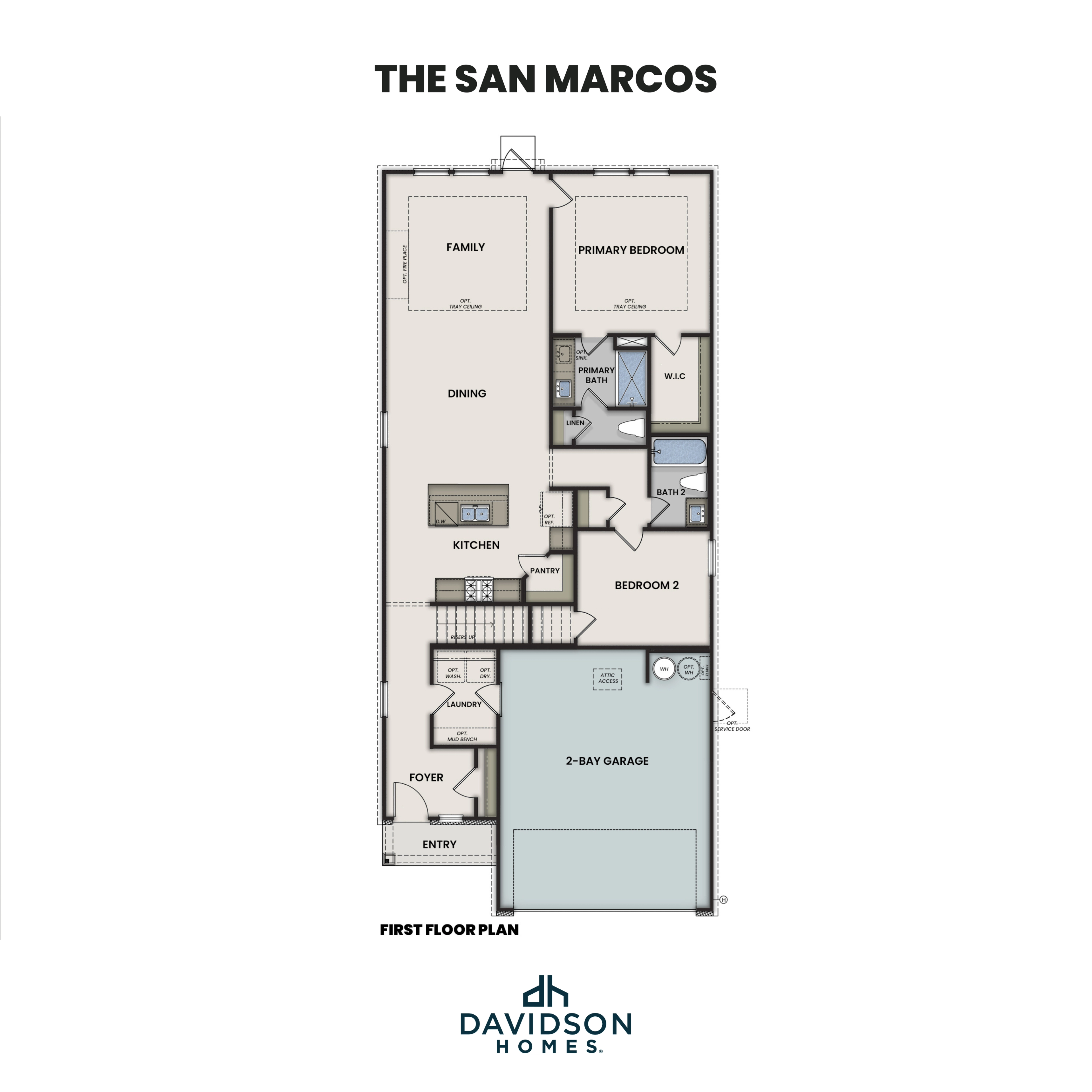 First floor plan of The San Marcos by Davidson Homes: primary suite, open kitchen, dining, family room, bedrooms 2-3, 2-car garage
