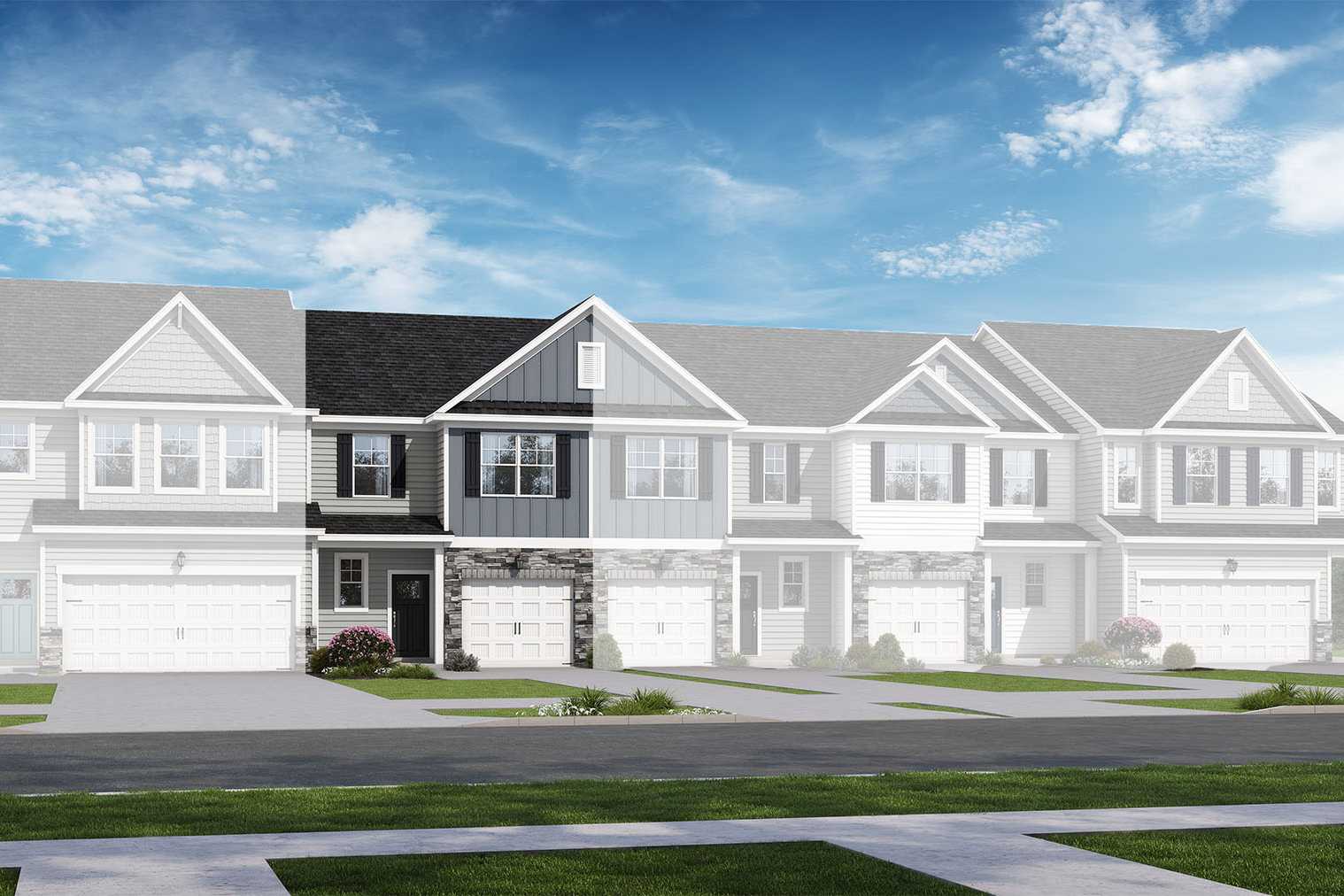 Contemporary 2-story townhome elevation of The Graham by Davidson Homes: attached multi-family units with white siding, dark roofs, one-car garages