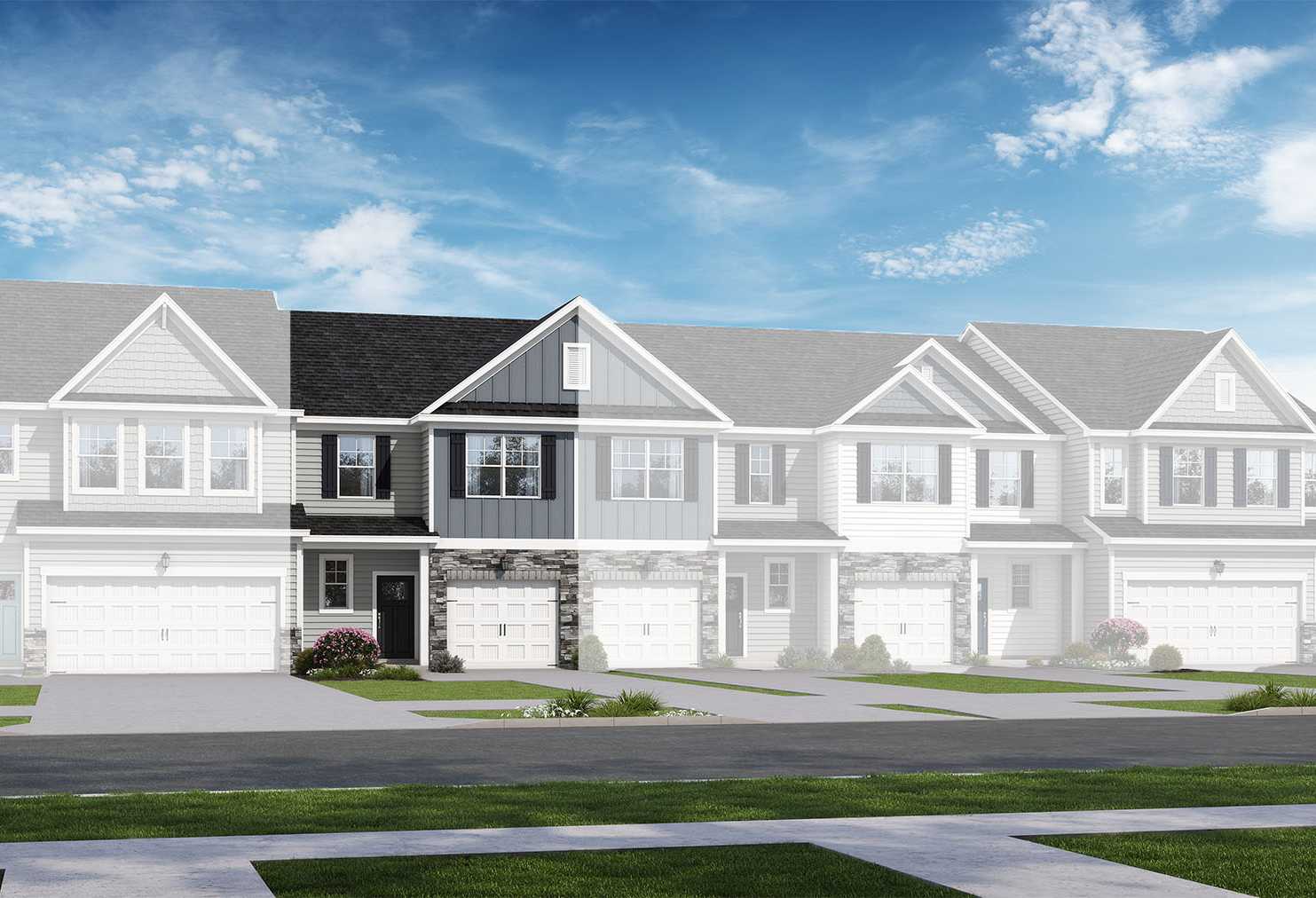 Contemporary 2-story townhome elevation of The Graham by Davidson Homes: attached multi-family units with white siding, dark roofs, one-car garages