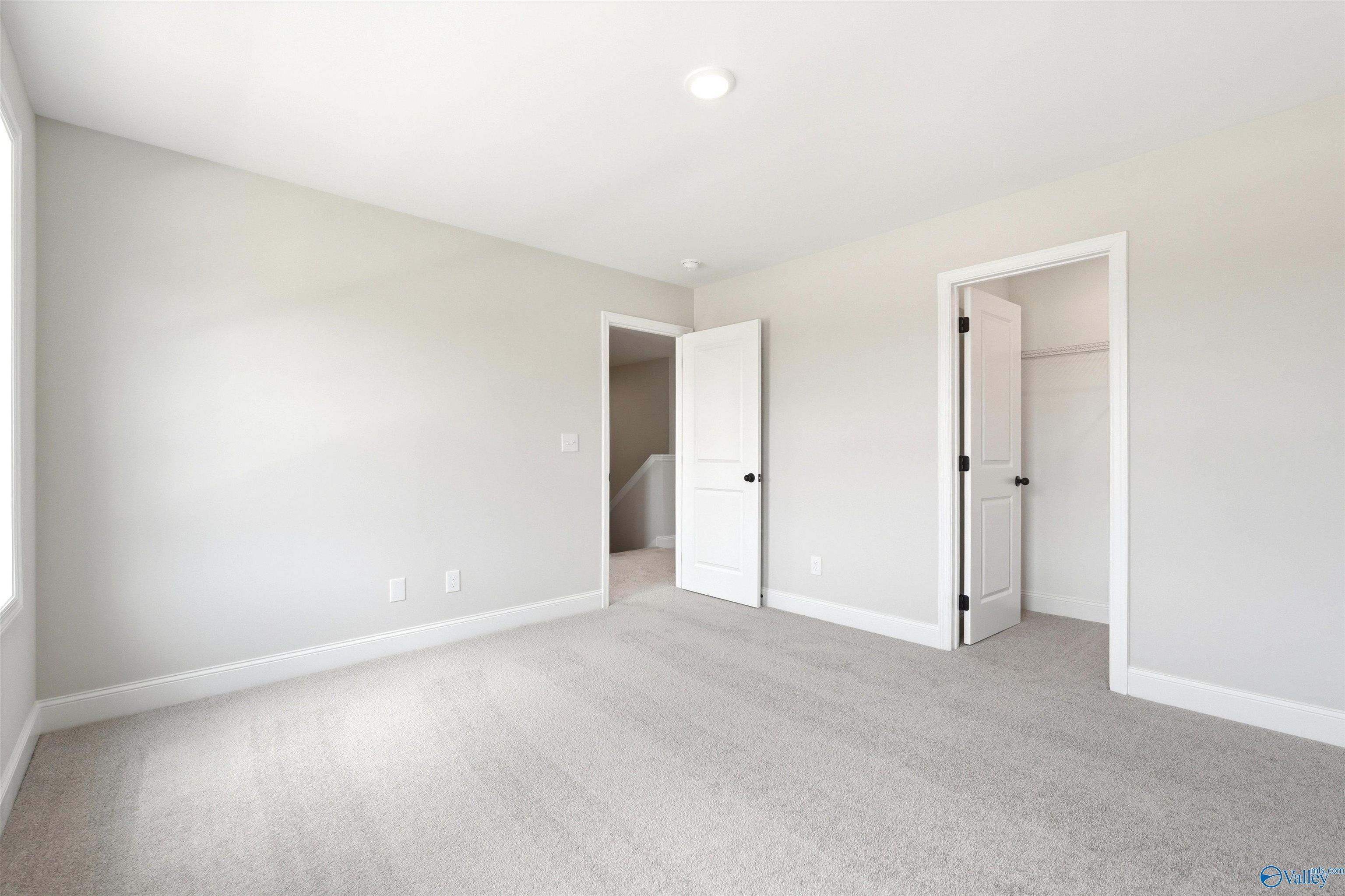 Bright, neutral-toned secondary bedroom with plush carpeting and walk-in closet in The Shelby A home, Wood Trail, Toney.