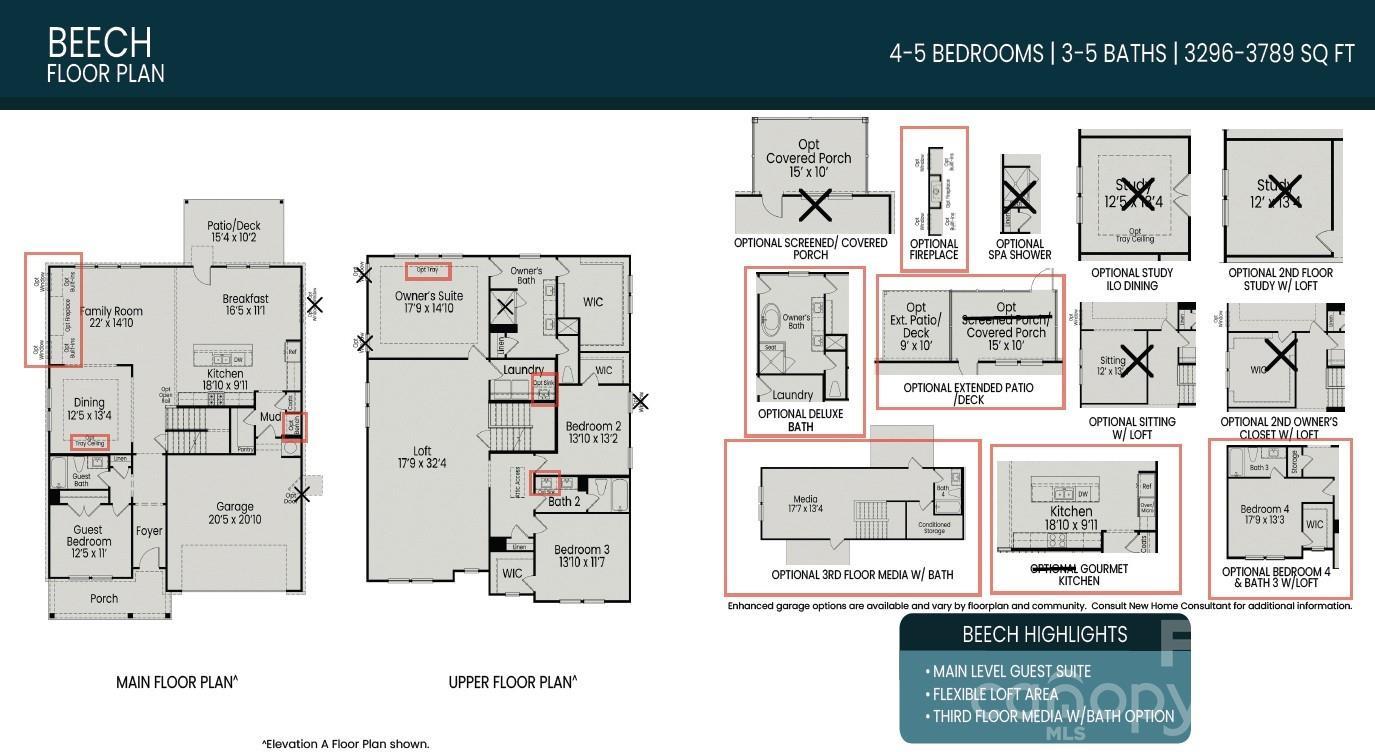 Detailed Beech B floor plan: 5-bed, 3-5 bath, 3,789 sq ft 3-story home with main level guest suite, loft, optional media room in Enclave at Belmont, NC