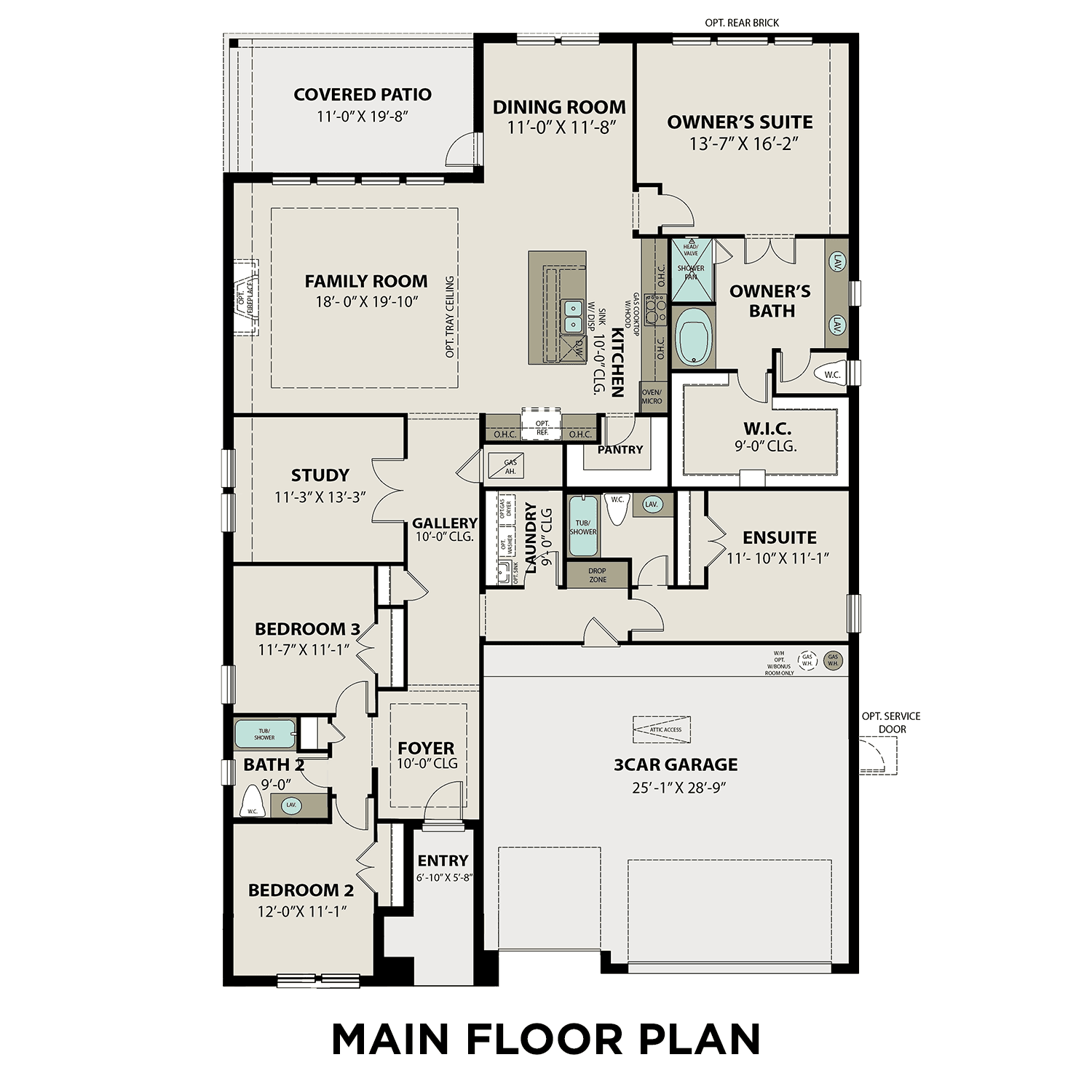 Main floor plan of The George B: 4-bedroom, 3-bath single-story layout with open kitchen, family room, and 3-car garage