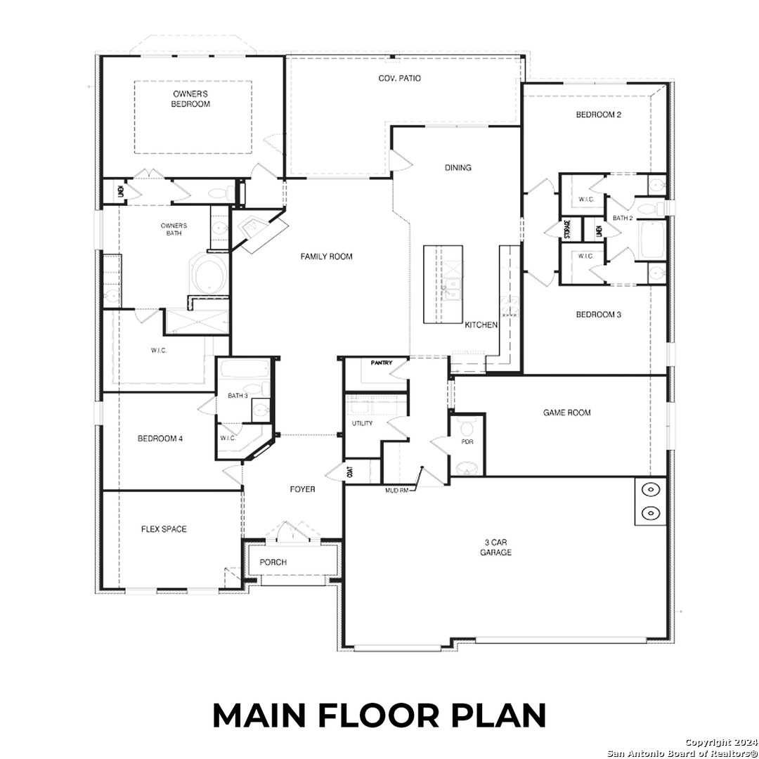 Main floor plan of The Garner B: 4 bedrooms, family room, kitchen, game room, 3-car garage in Castroville, Texas