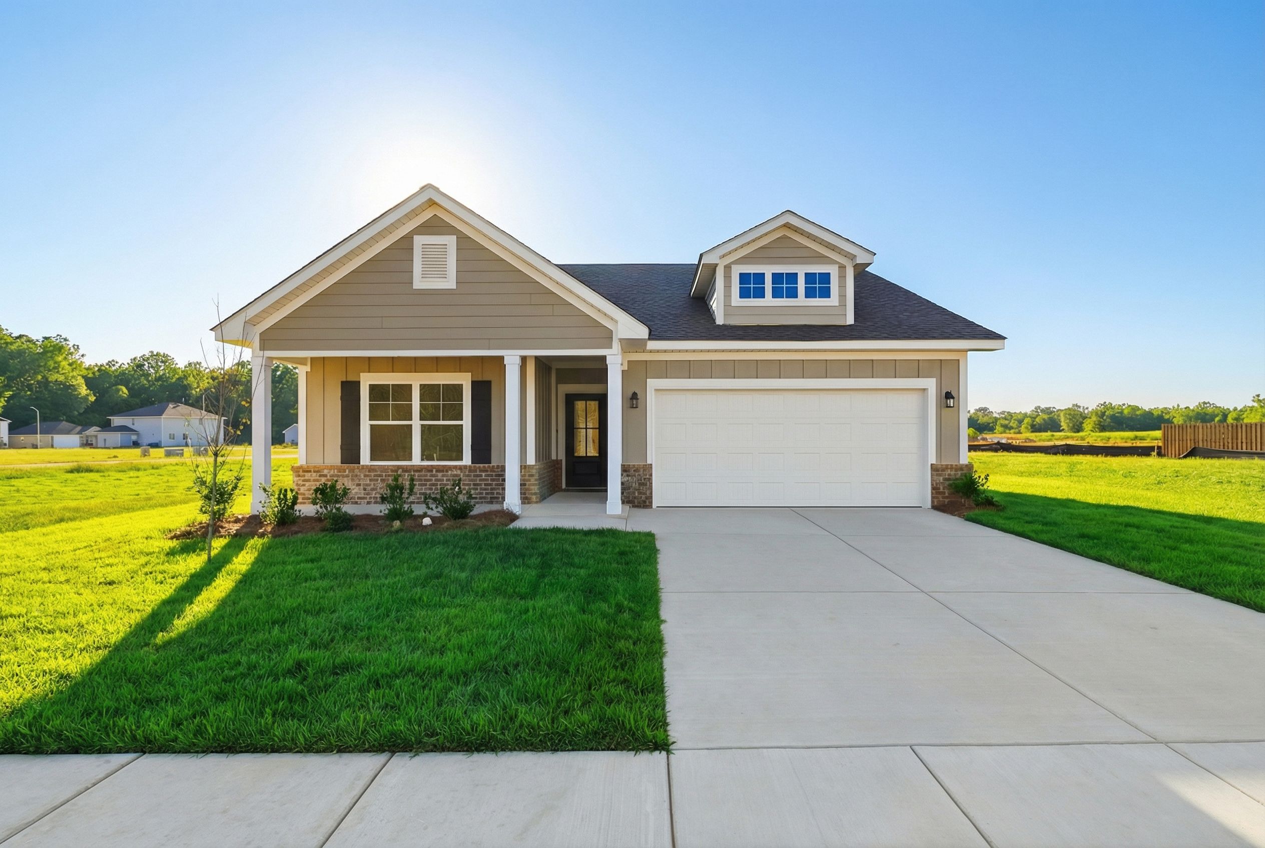 Tan Craftsman-style home exterior at Bailey Park in Fayetteville TN with covered front porch, attached garage, and lush green lawn