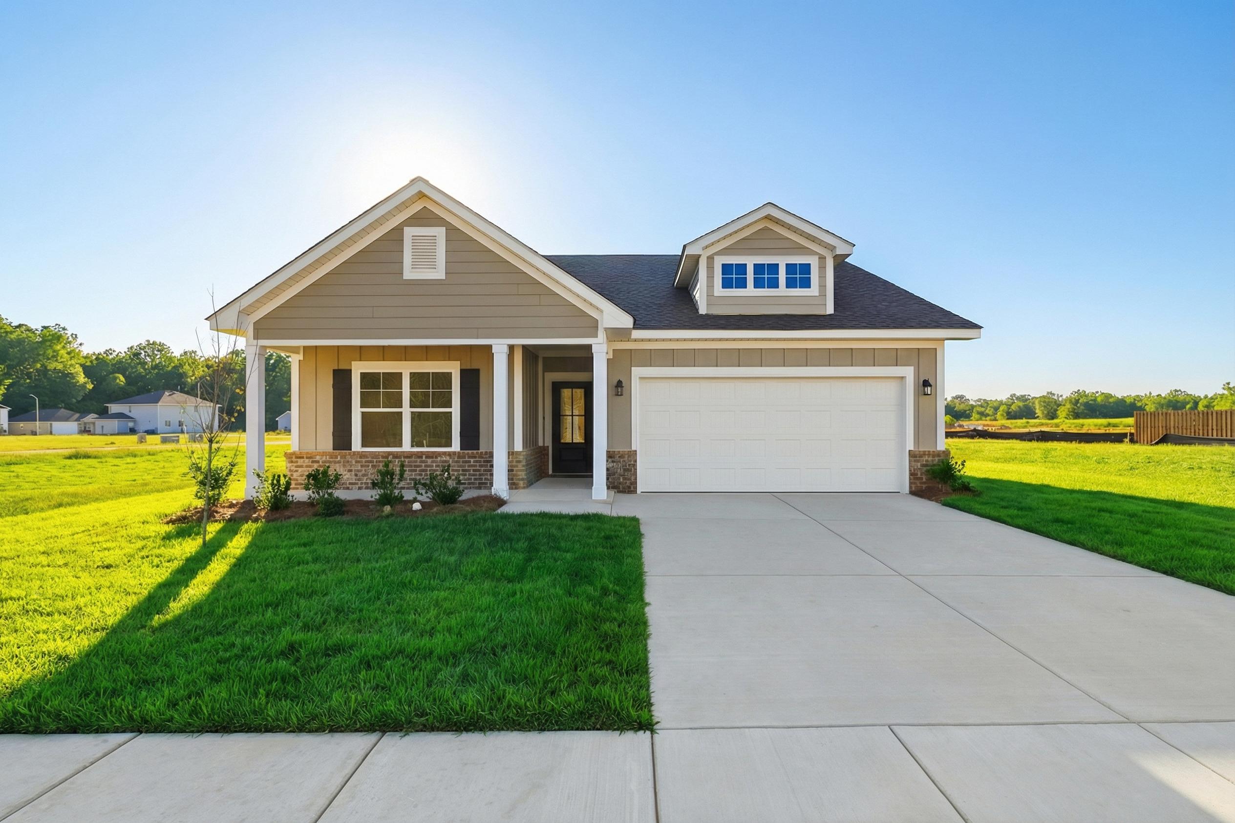 Tan Craftsman-style home exterior at Bailey Park in Fayetteville TN with covered front porch, attached garage, and lush green lawn
