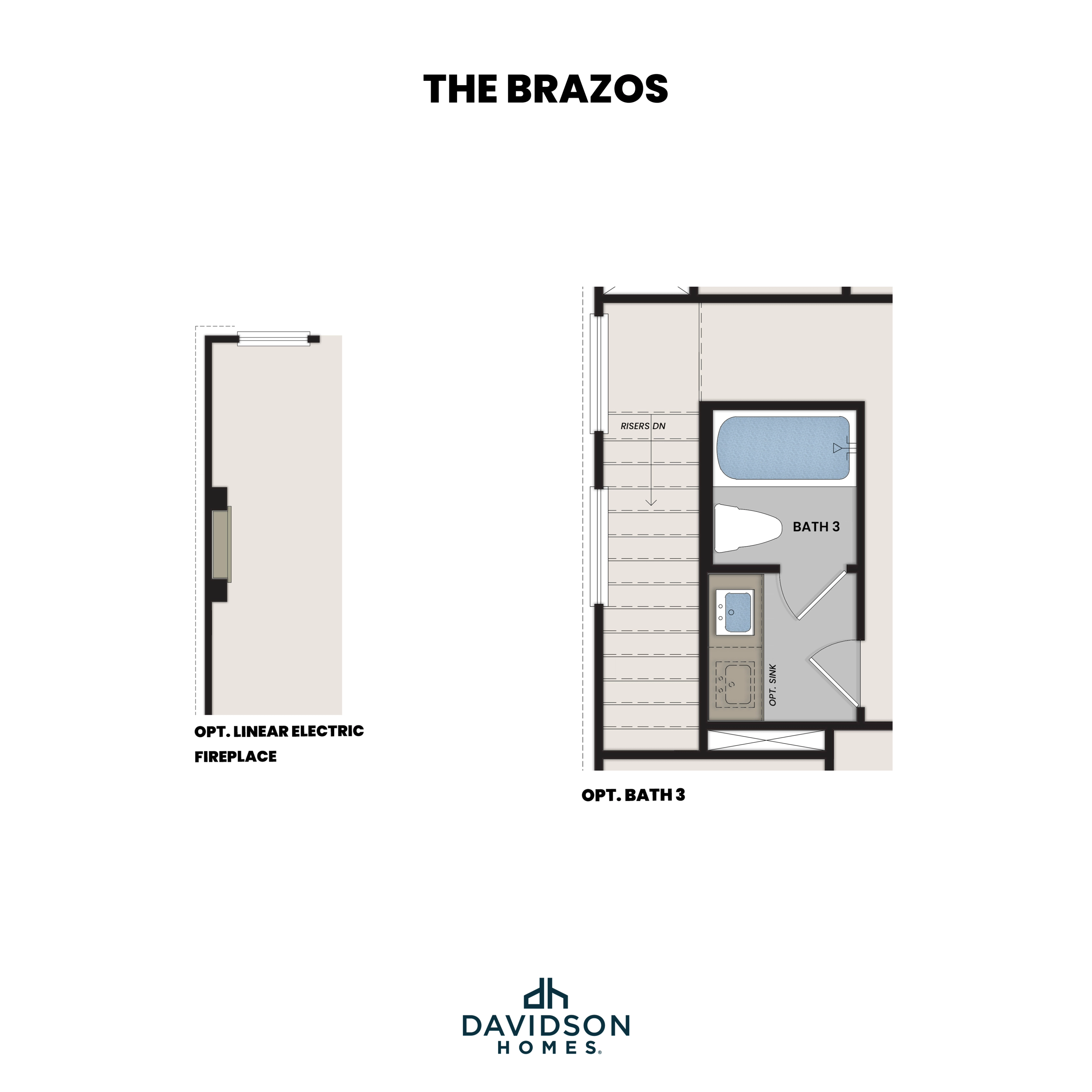 Upper level floor plan of The Brazos featuring bedrooms, optional Bath 3, tub, stairs, and linear electric fireplace by Davidson Homes
