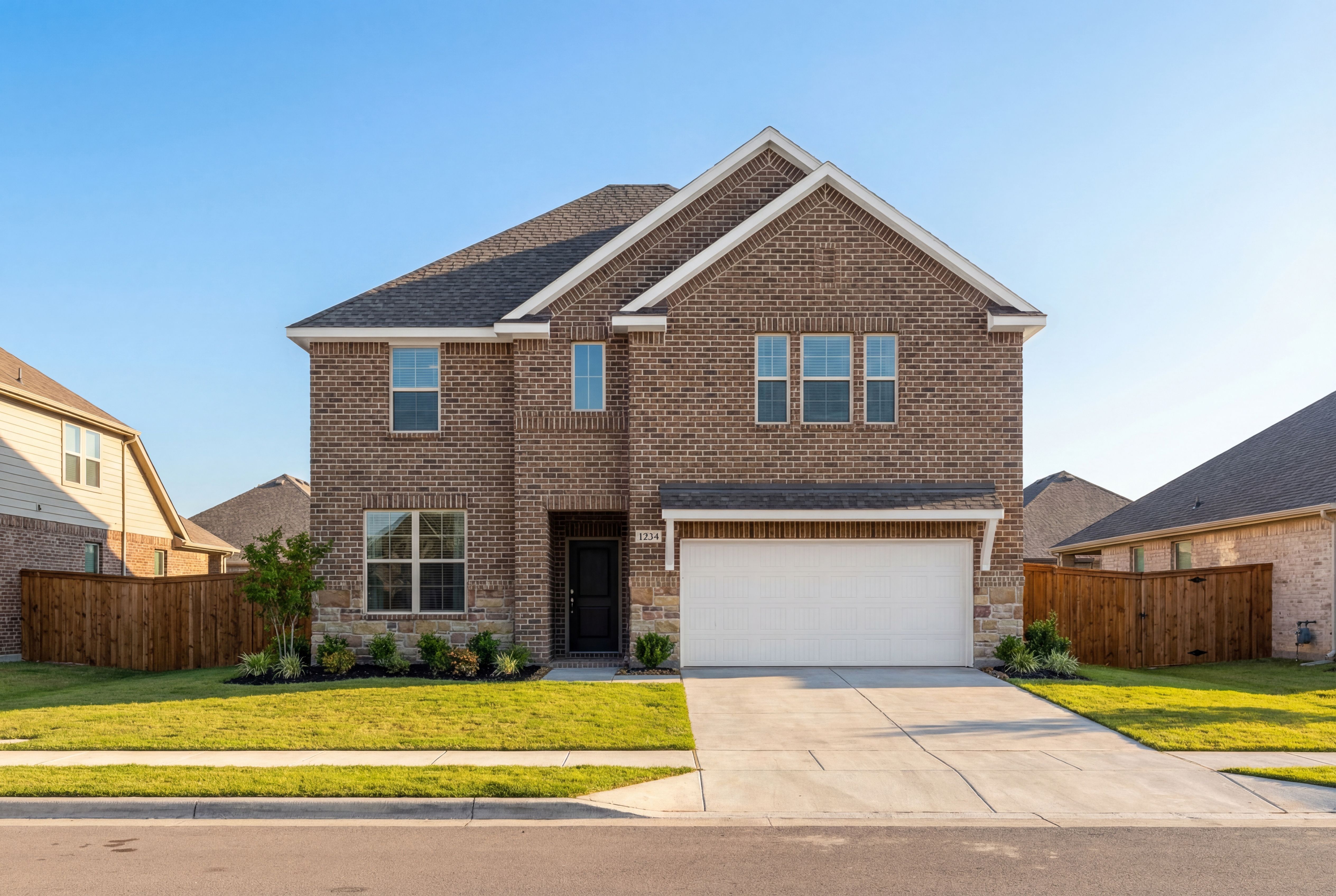 Two-story brick Sequoia home by Davidson Homes in Royse City Texas featuring 2-car garage and landscaped yard
