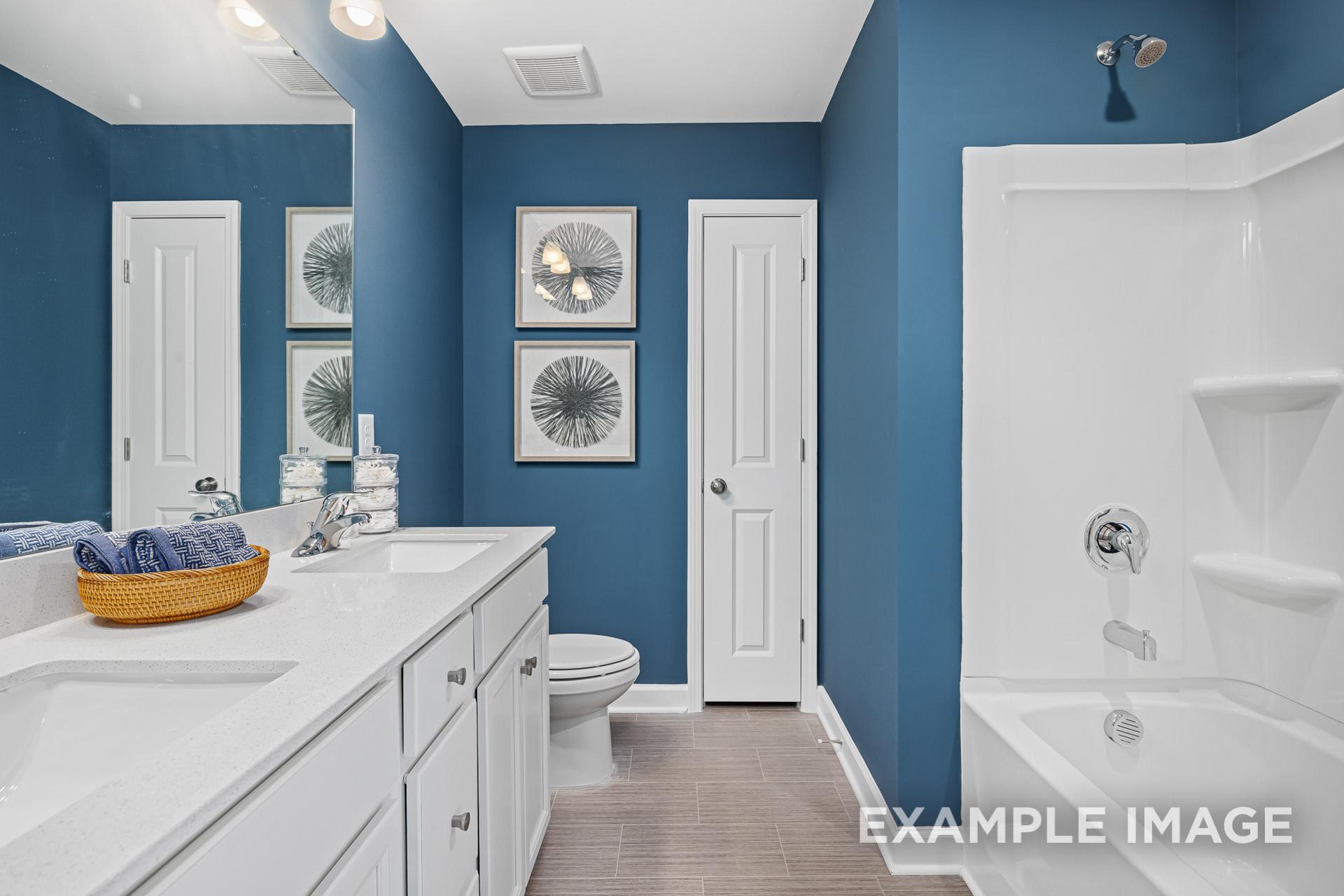 Spacious master bathroom in The Adalynn C featuring navy blue walls, double white vanity, walk-in shower, and framed artwork