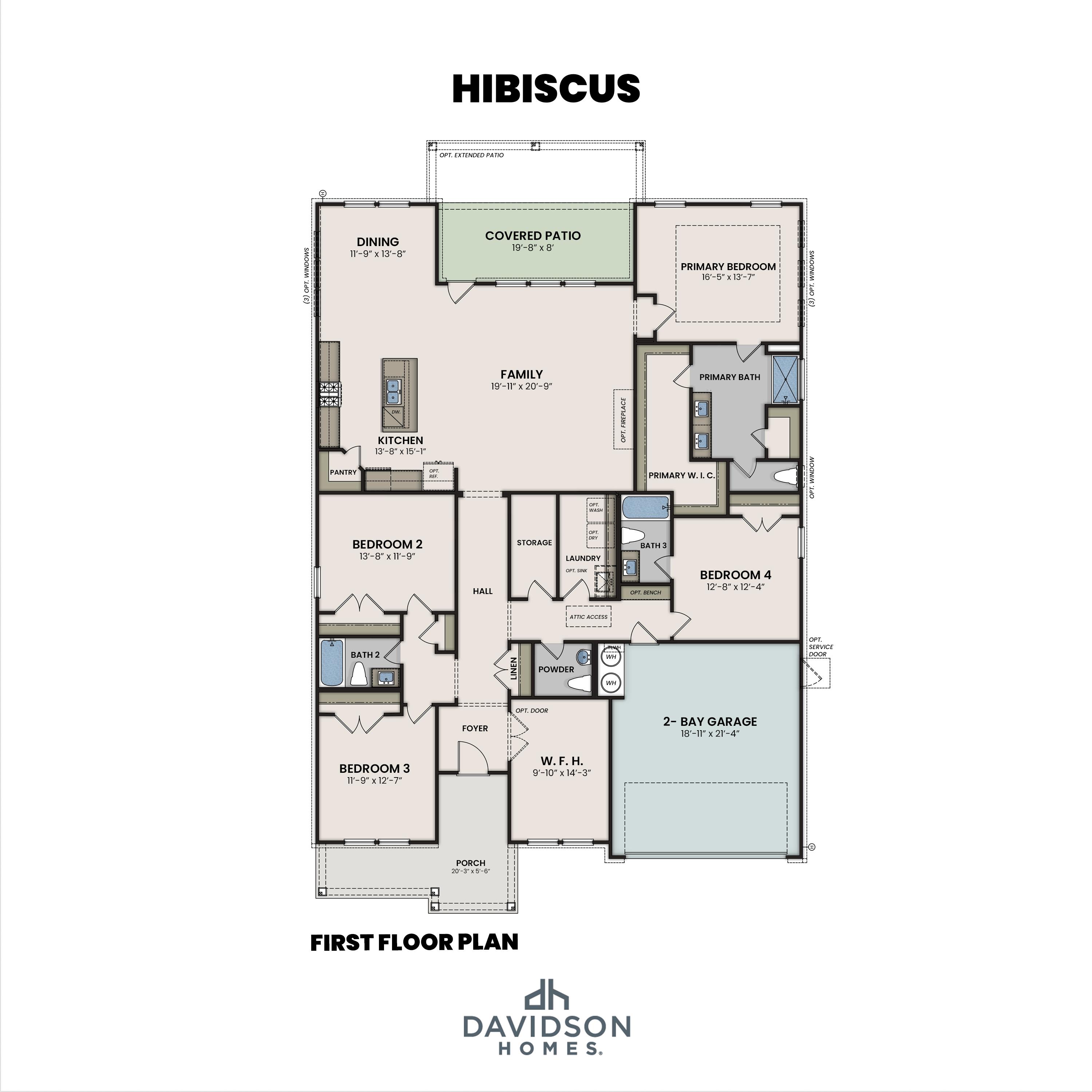 The Hibiscus E floor plan featuring an open-concept kitchen, spacious family room, and primary suite on the main level.